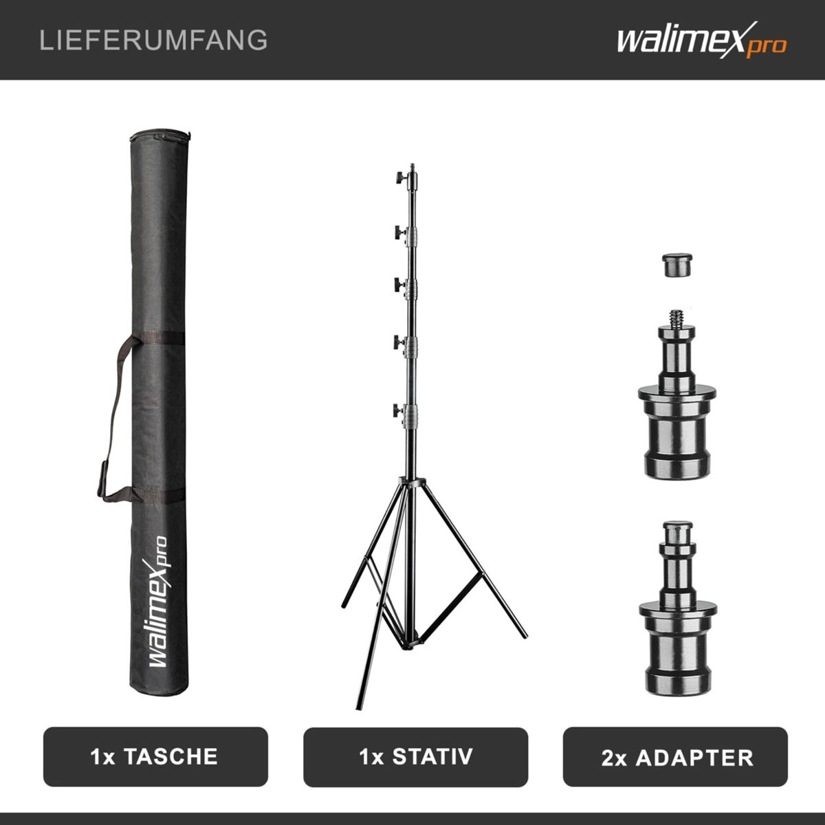 Ein schwarzer Stoffbeutel, ein Lichtstativ und zwei Adapter auf weißem Grund.
