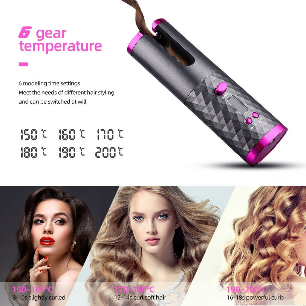 Ein grauer Lockenstab mit pinken Akzenten, der Haare stylt. Temperaturen und Ergebnisse werden gezeigt.