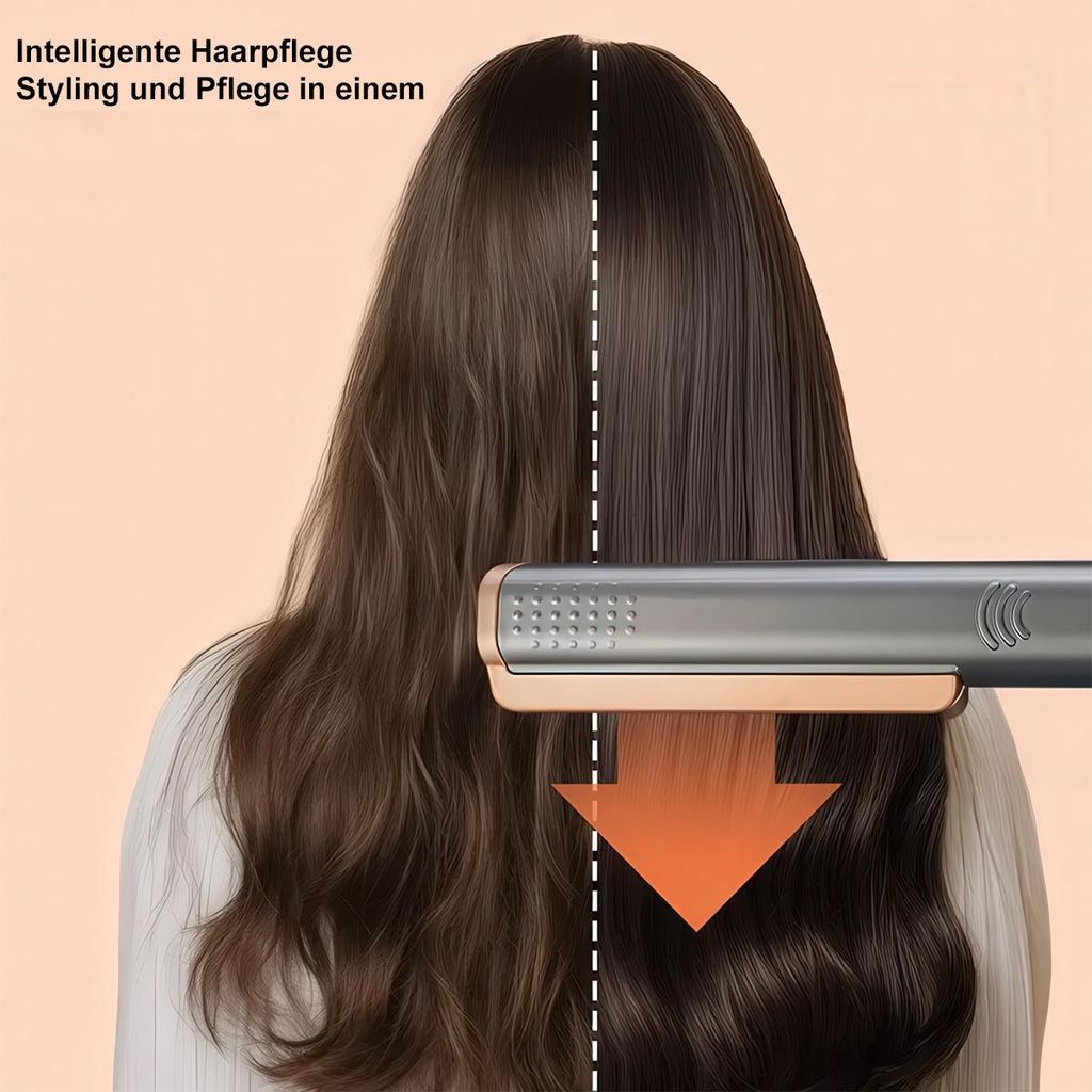 Haarglätter glättet braunes Haar von links nach rechts. Styling und Pflege.