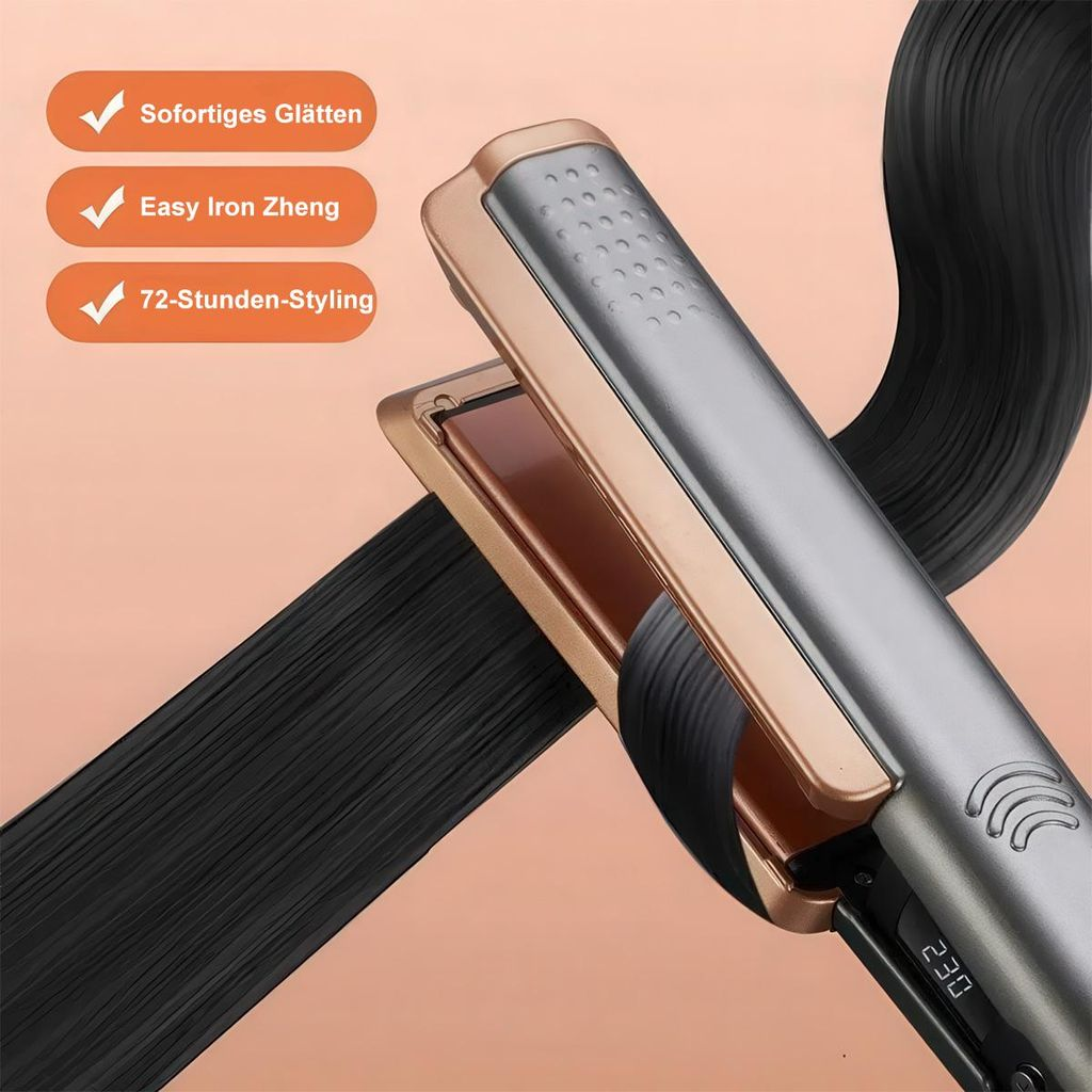 Ein Haar-Glätteisen mit schwarzen Haaren, die durch die Platten geführt werden.