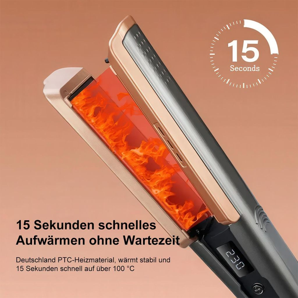 Ein offener Haarglätter mit glühenden Heizelementen und einer Temperaturanzeige von 230°C.