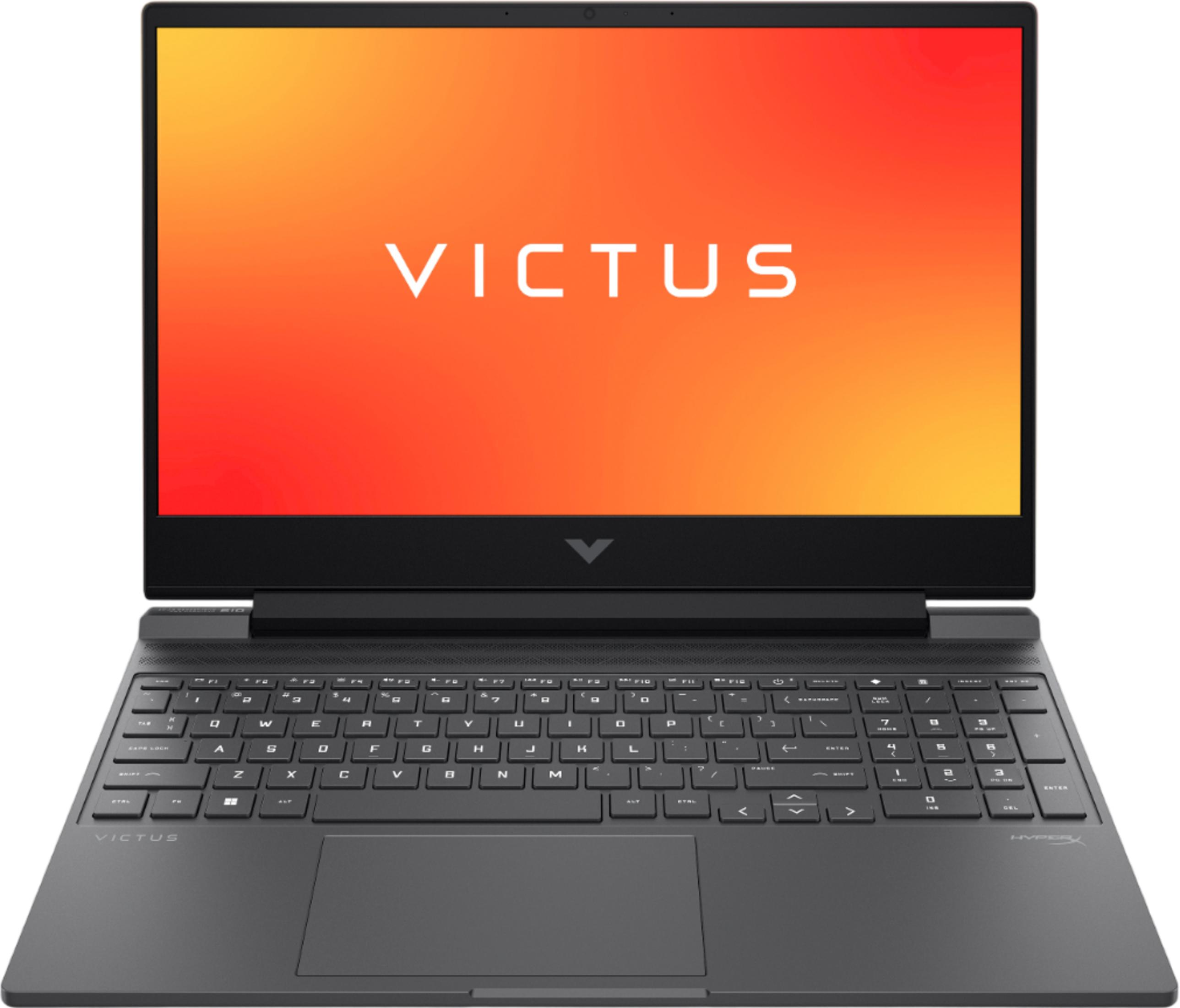 Czarny laptop z podświetlanym ekranem wyświetlającym logo VICTUS.