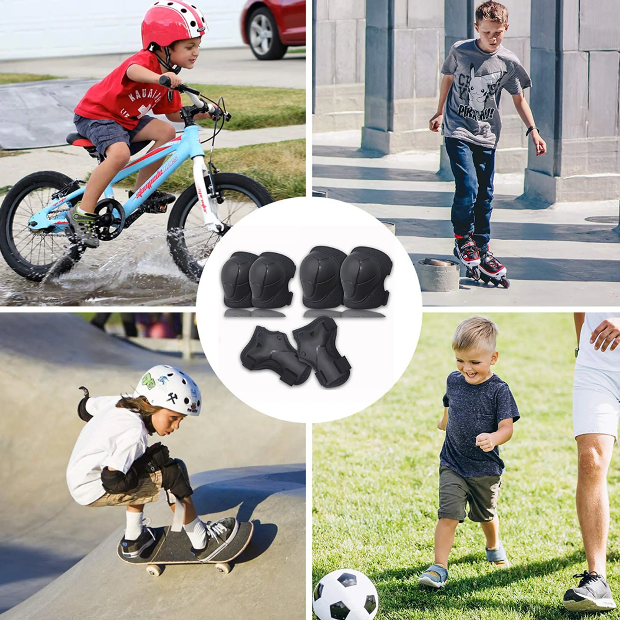 Vier Kinder bei Outdoor-Aktivitäten: Radfahren, Skateboarden, Rollschuhfahren und Fußball.