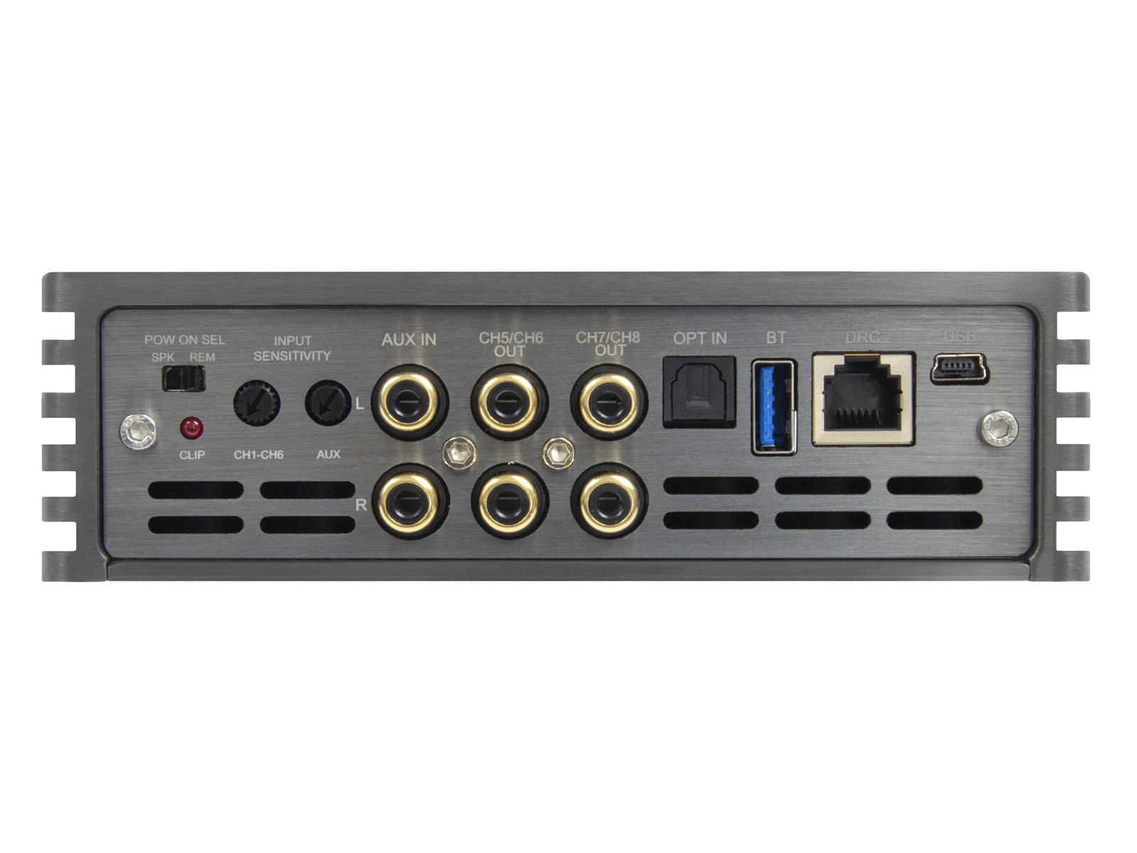 Rückseite eines grauen Verstärkers mit Anschlüssen: Strom, Eingang, Aux, optisch, BT, DRC, USB.