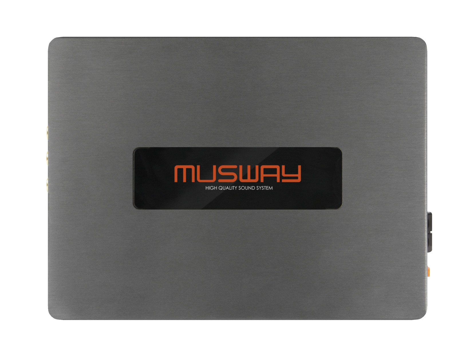 Grauer Verstärker mit schwarzem Logo und orangenem Schriftzug 'MUSWAY HIGH QUALITY SOUND SYSTEM'.