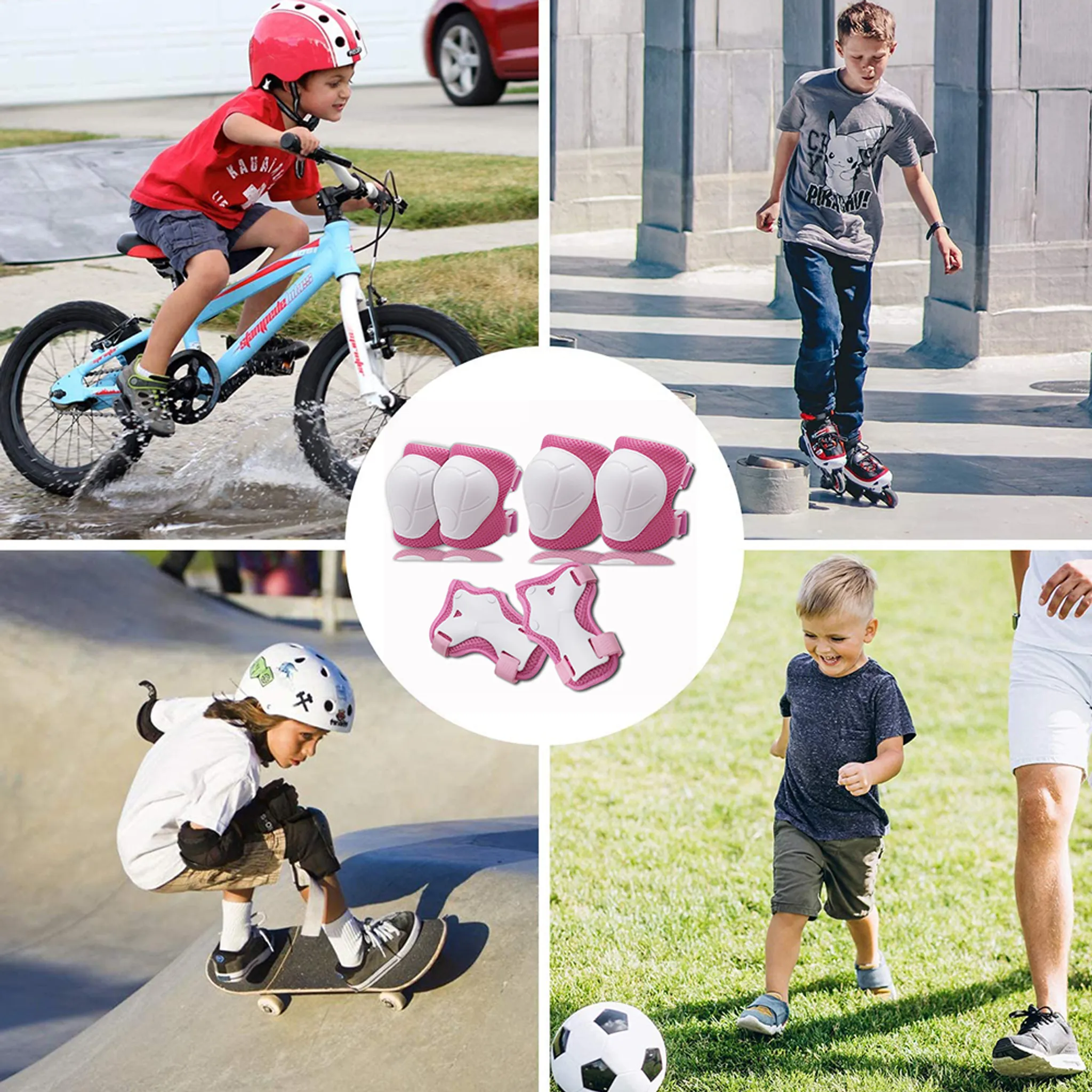 Collage mit Kindern beim Radfahren, Rollschuhfahren, Skateboarden und Fußball spielen.