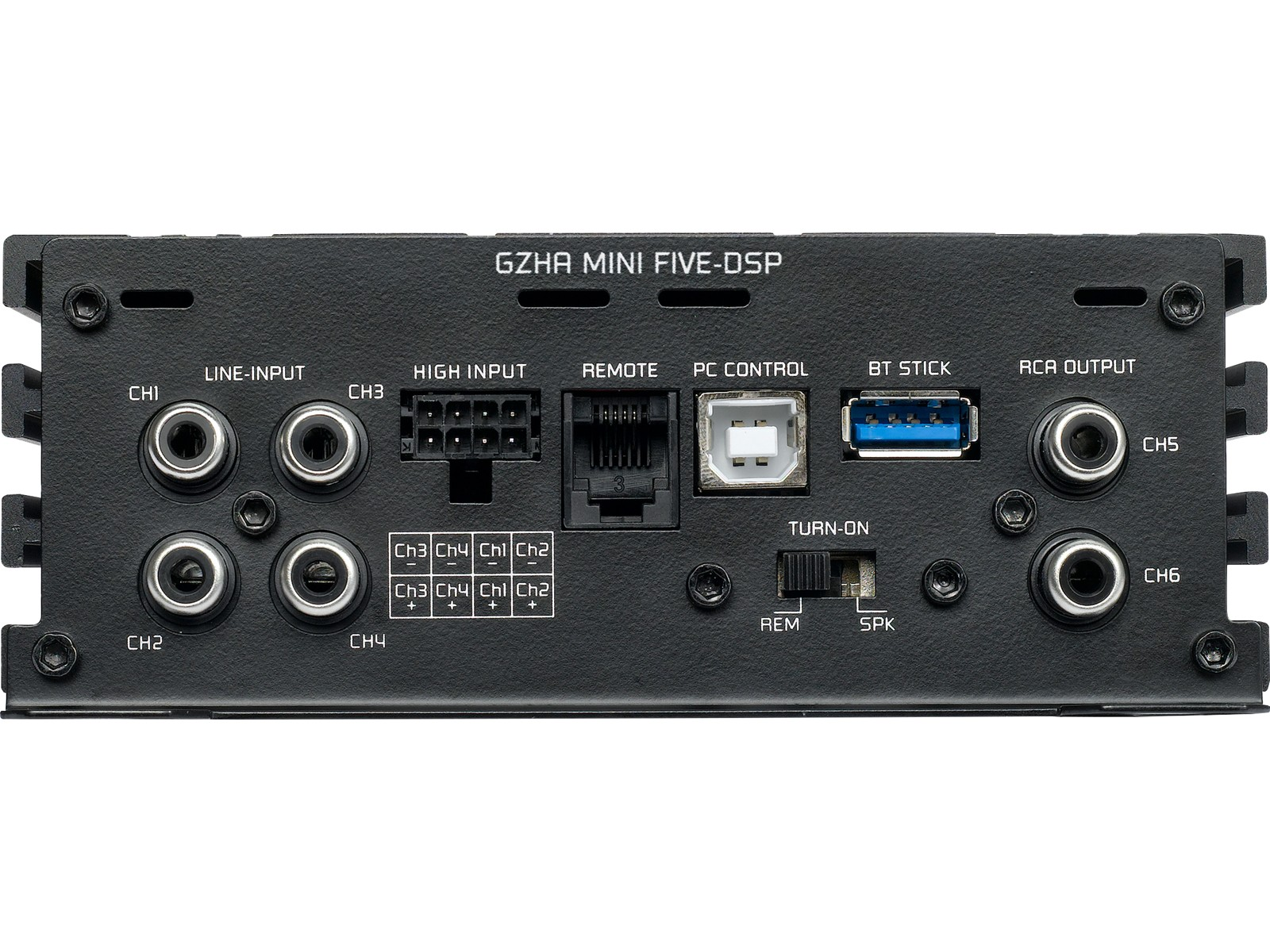 Rückseite eines schwarzen GZHA MINI FIVE-DSP mit Anschlüssen.
