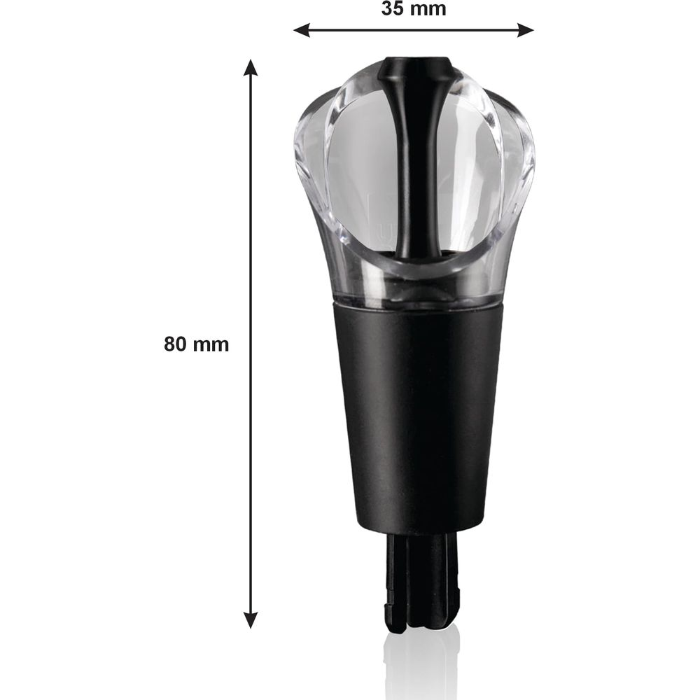 Şeffaf havalandırıcılı siyah şarap tıpası, 80 mm yükseklik, 35 mm genişlik.