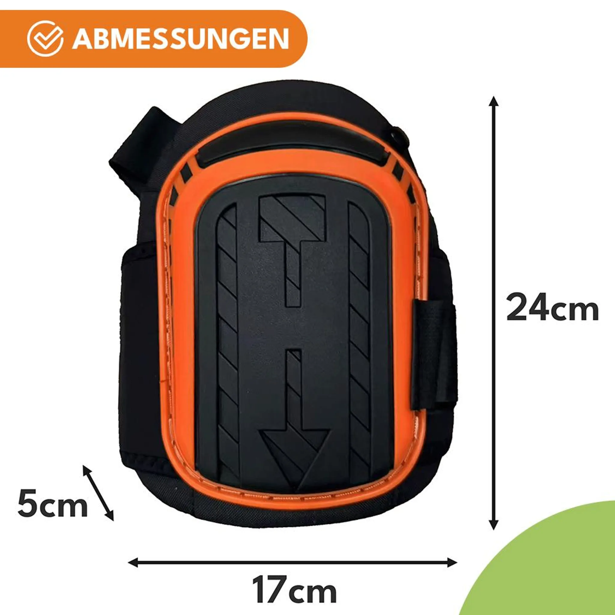 Schwarzer Ellenbogenschoner mit orangem Rand, Maße 24x17x5cm.
