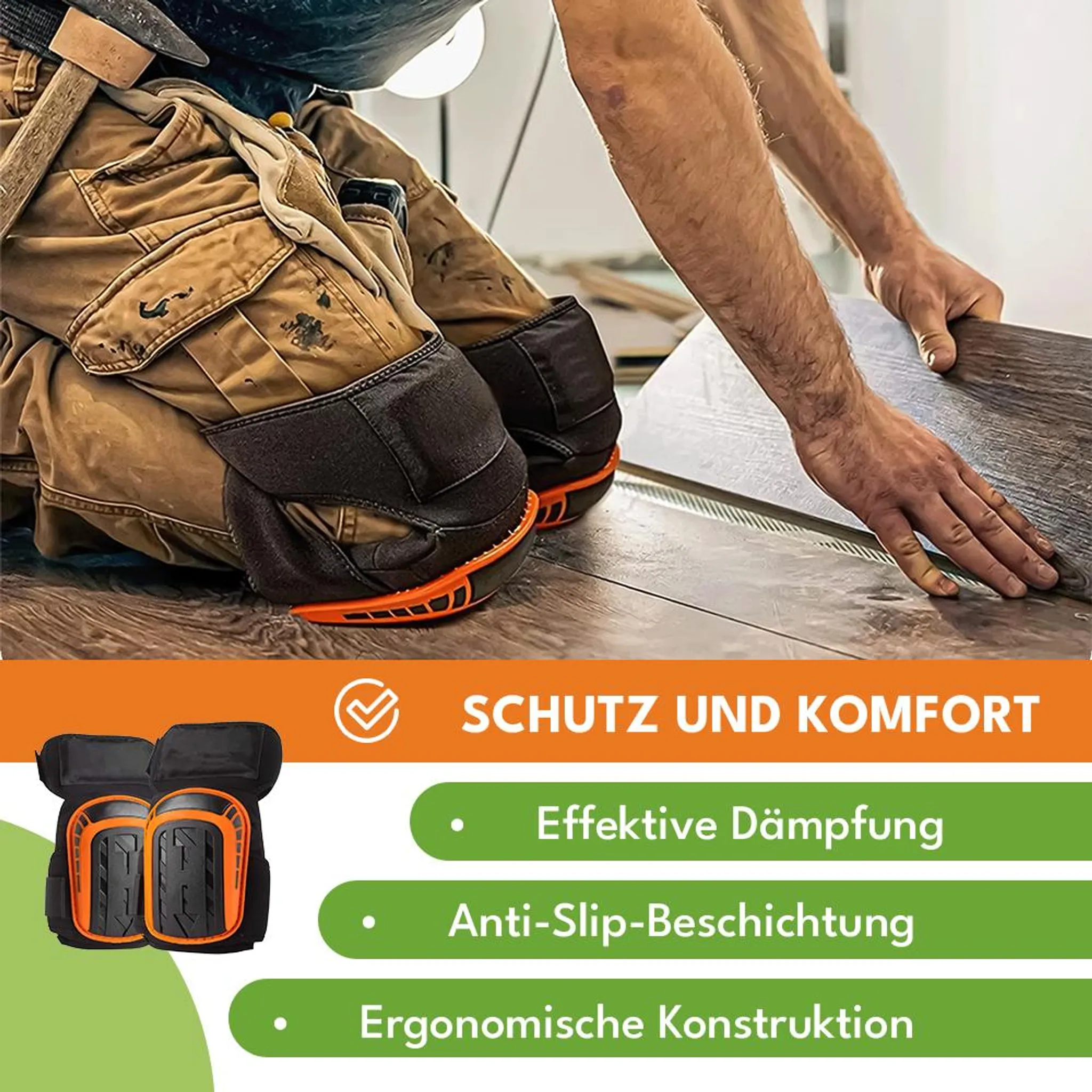Mann verlegt Bodenbelag mit Knieschonern und Werkzeug. Schutz und Komfort.