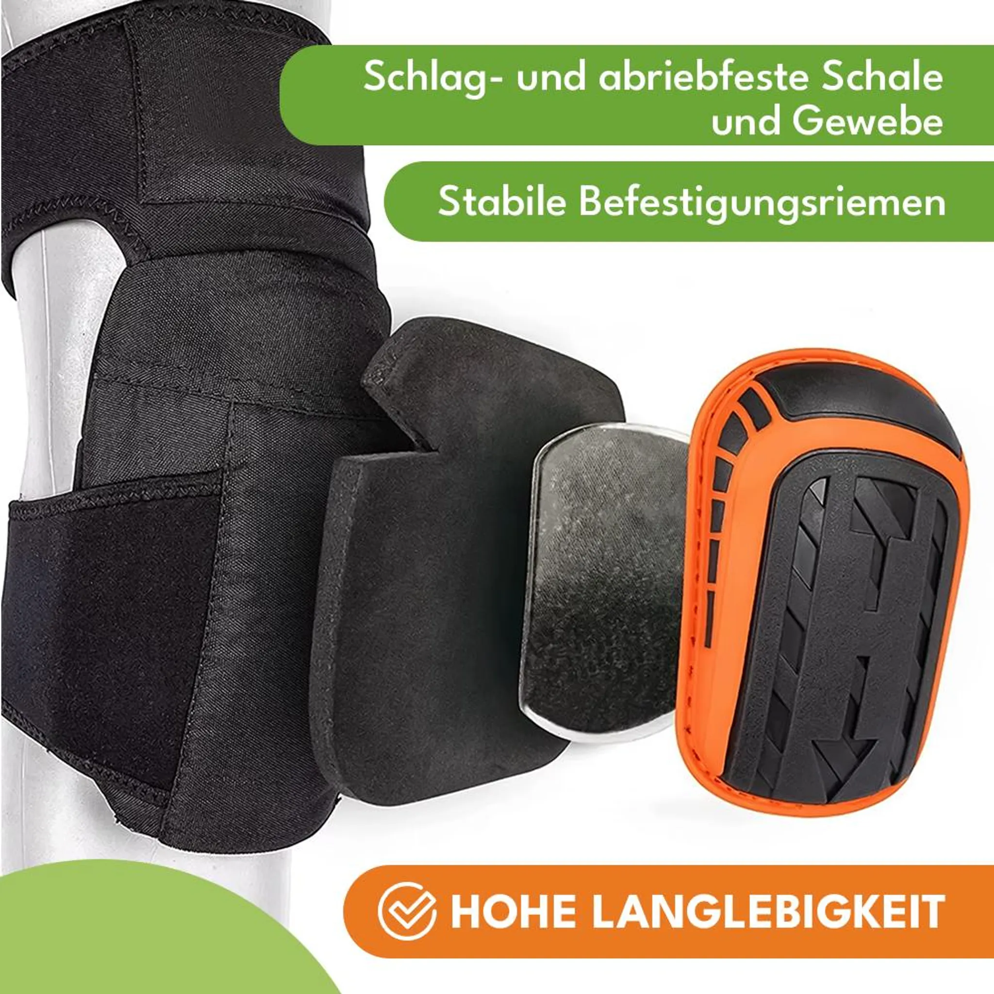 Schwarze Kniepolster mit orangefarbenem Schutz und Klettverschluss.