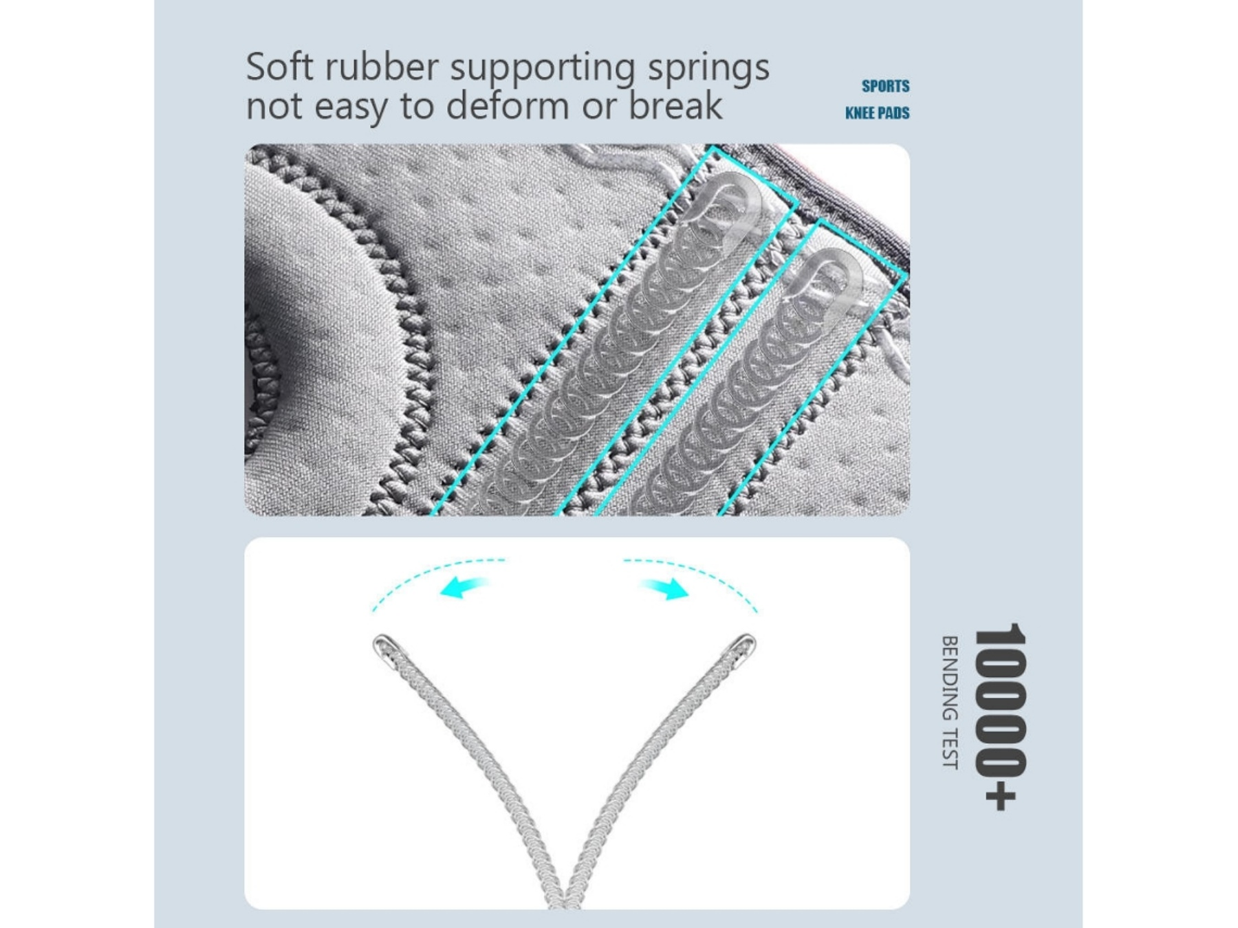 Graue Kniebandage mit spiralförmigen Stützen und Biegungstest-Anzeige.