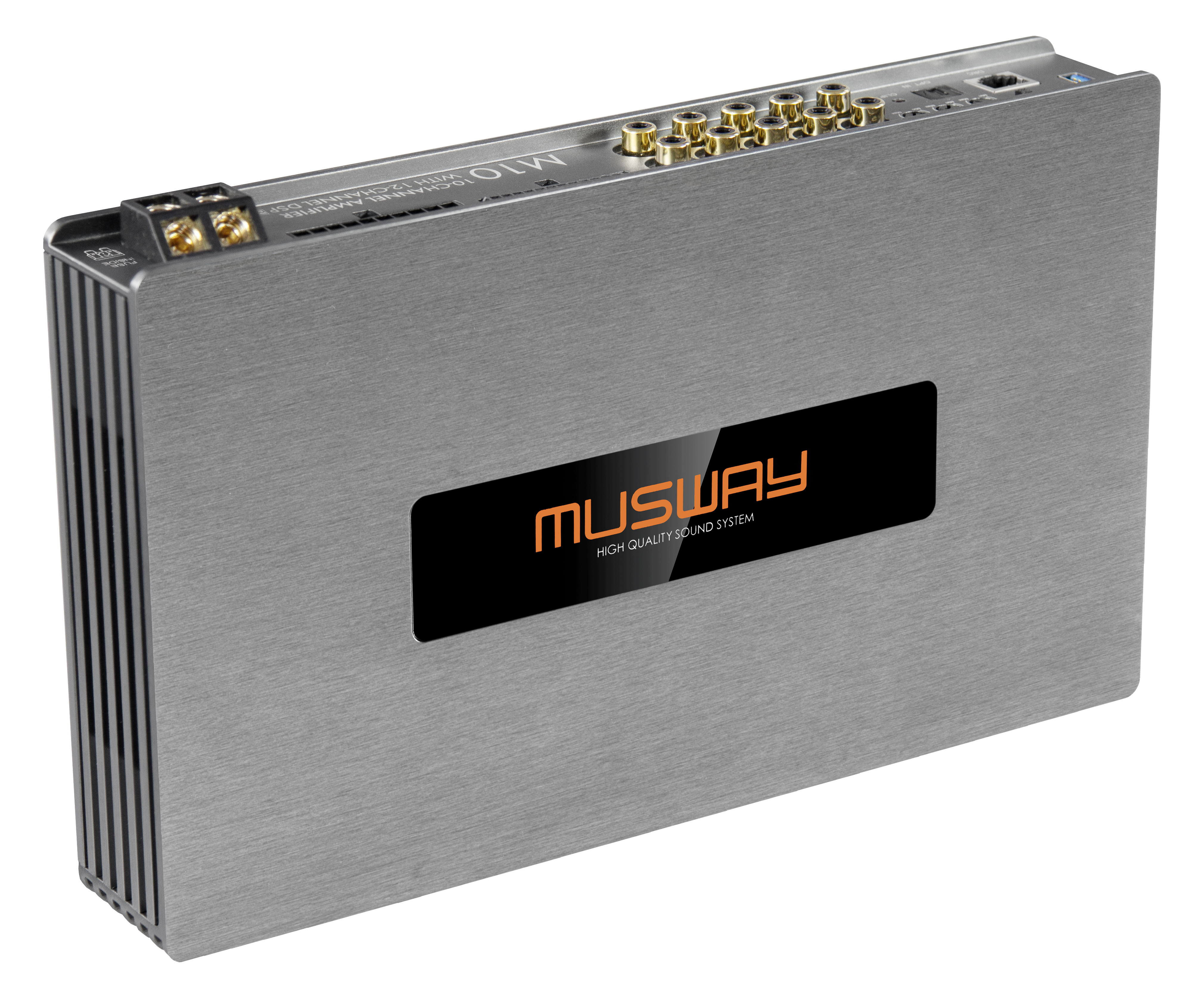 Silberner 10-Kanal-DSP-Verstärker mit "MUSWAY"-Logo und vielen Anschlüssen.