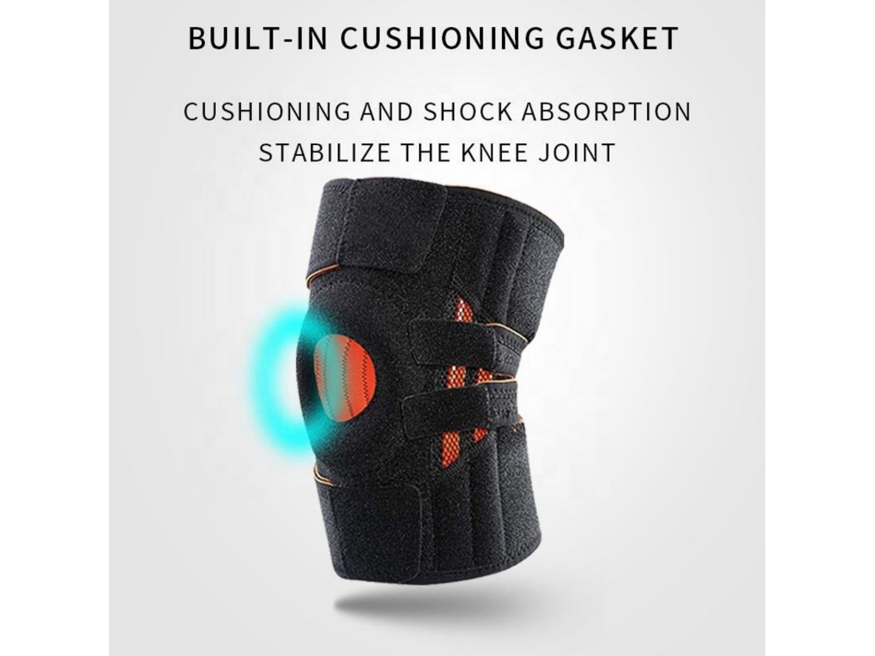 Schwarze Kniebandage mit orangen Akzenten und blauem Schein, Text lautet integrierte Dichtungs-Polsterung.
