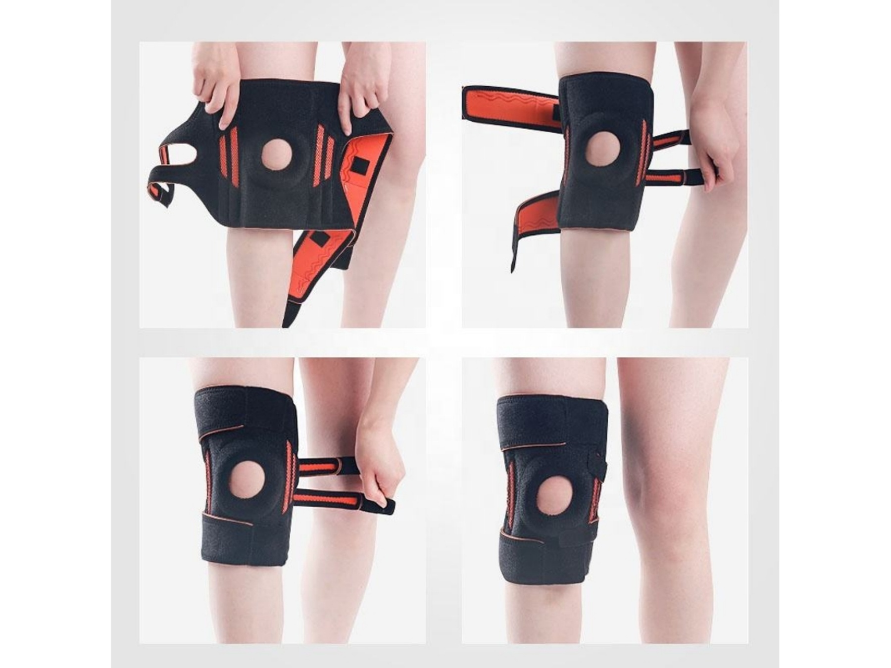 Demonstration einer Kniebandage in vier Schritten.