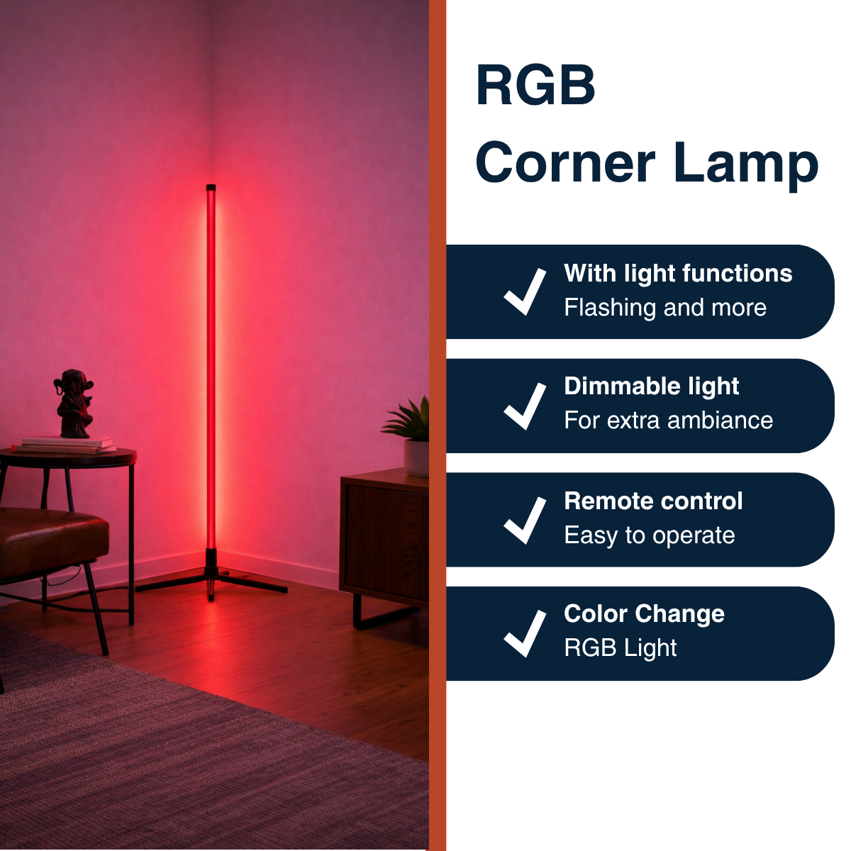 Eine rote RGB-Ecklampe mit Funktionen wie Dimmbarkeit und Fernbedienung.
