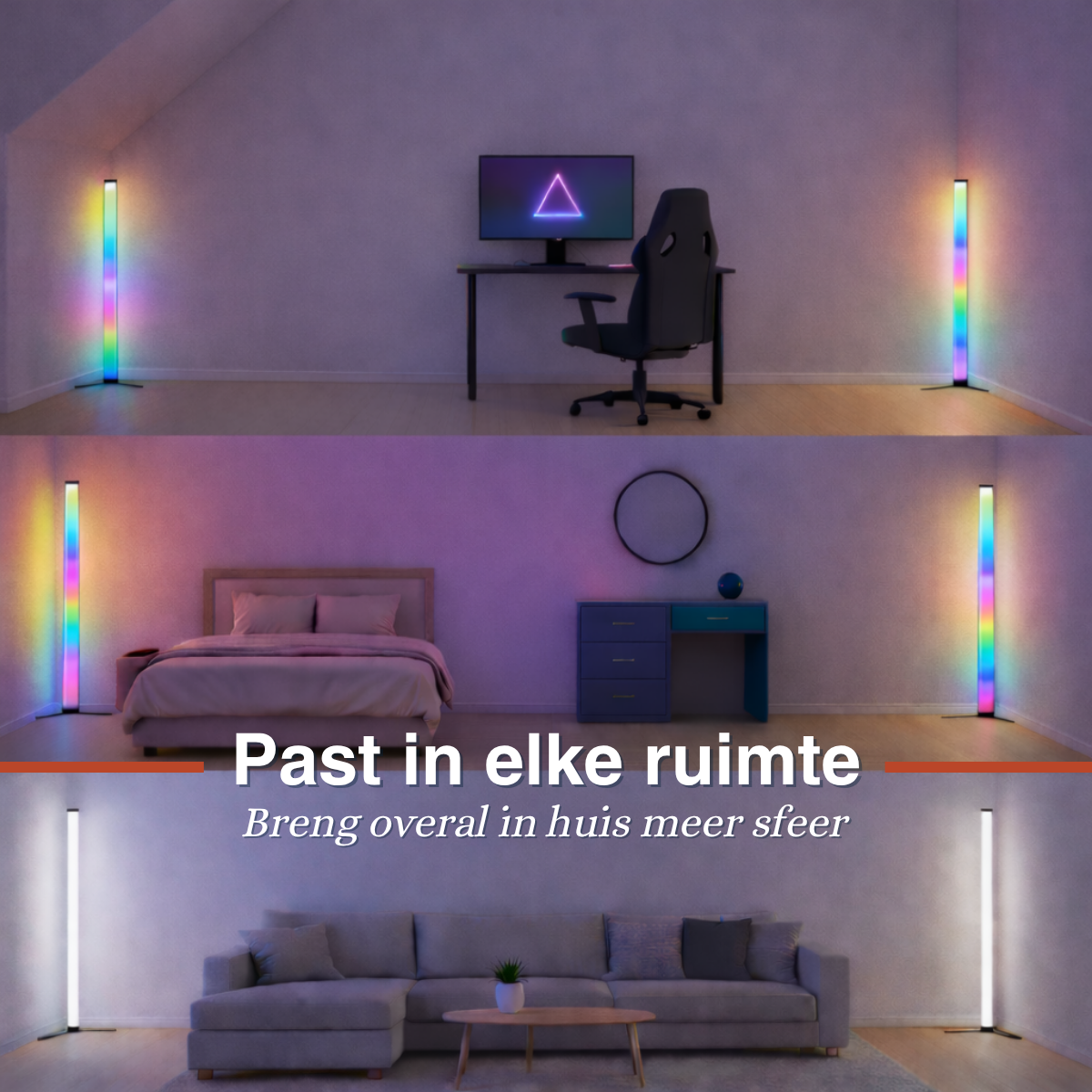 RGB-Stehleuchten in Gaming-, Schlaf- und Wohnzimmern. Bieten stimmungsvolles Licht.