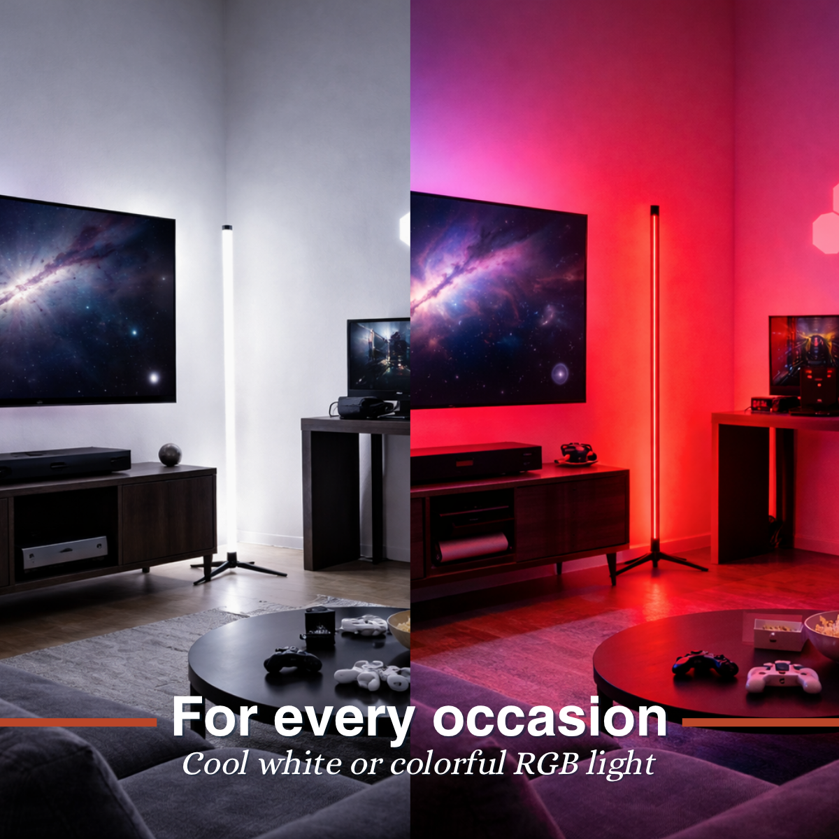 Geteiltes Bild: Links kühles weißes Licht, rechts rotes RGB-Licht. Modernes Wohnzimmer.