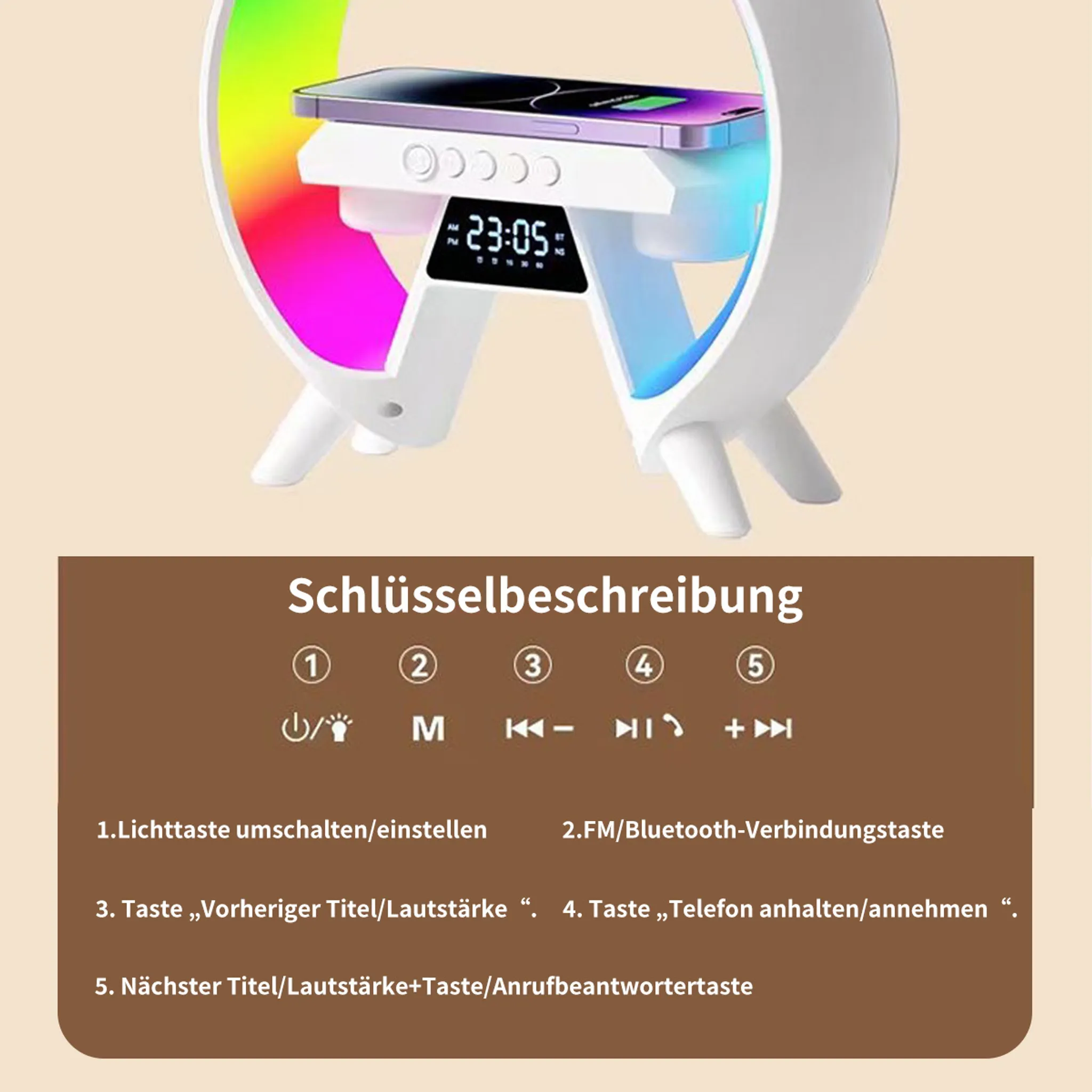 Multifunktionsleuchte mit Ladestation, Uhrzeit und Tastenbedienung.