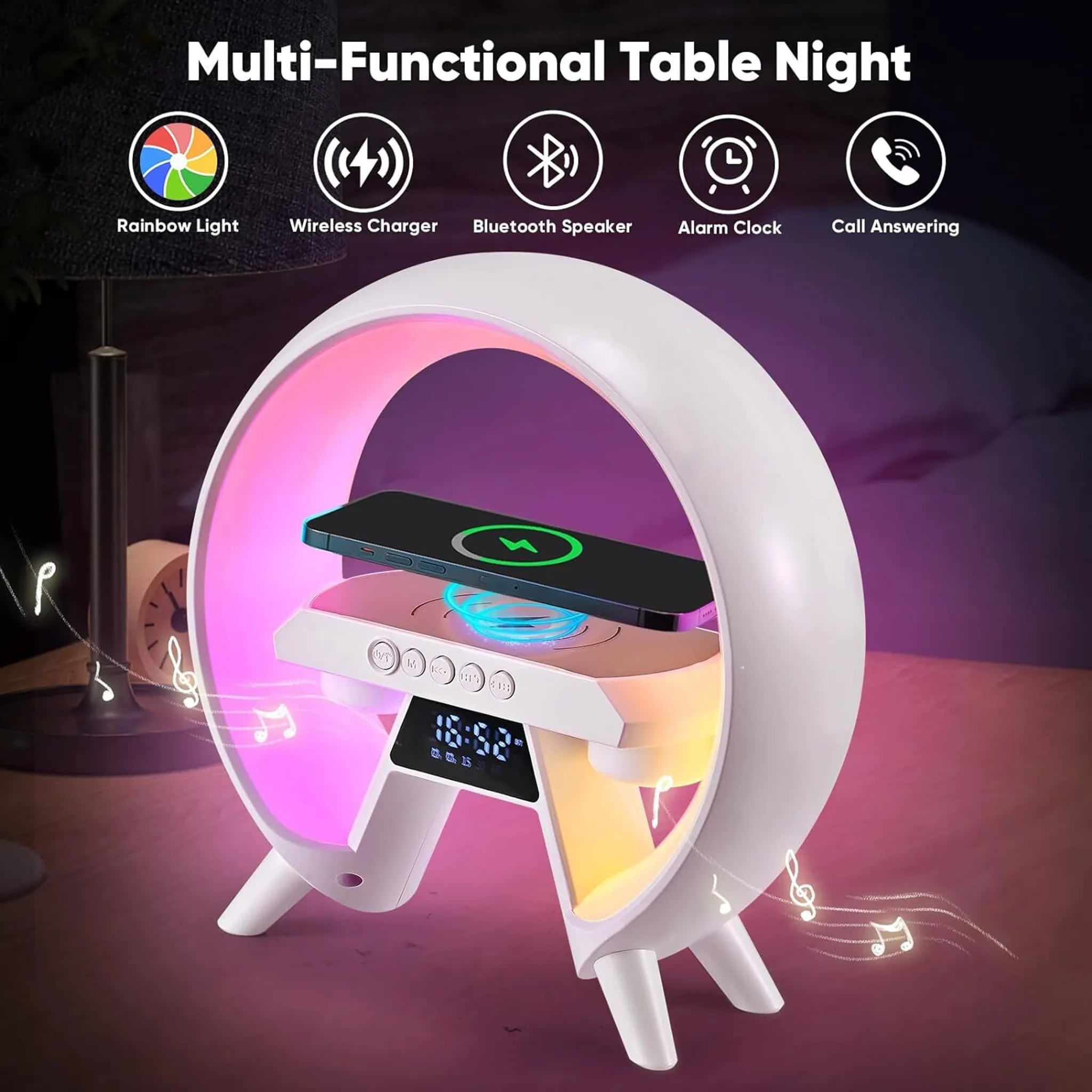 Ein multifunktionales Nachtlicht mit Regenbogenlicht, kabellosem Ladegerät und Telefon.