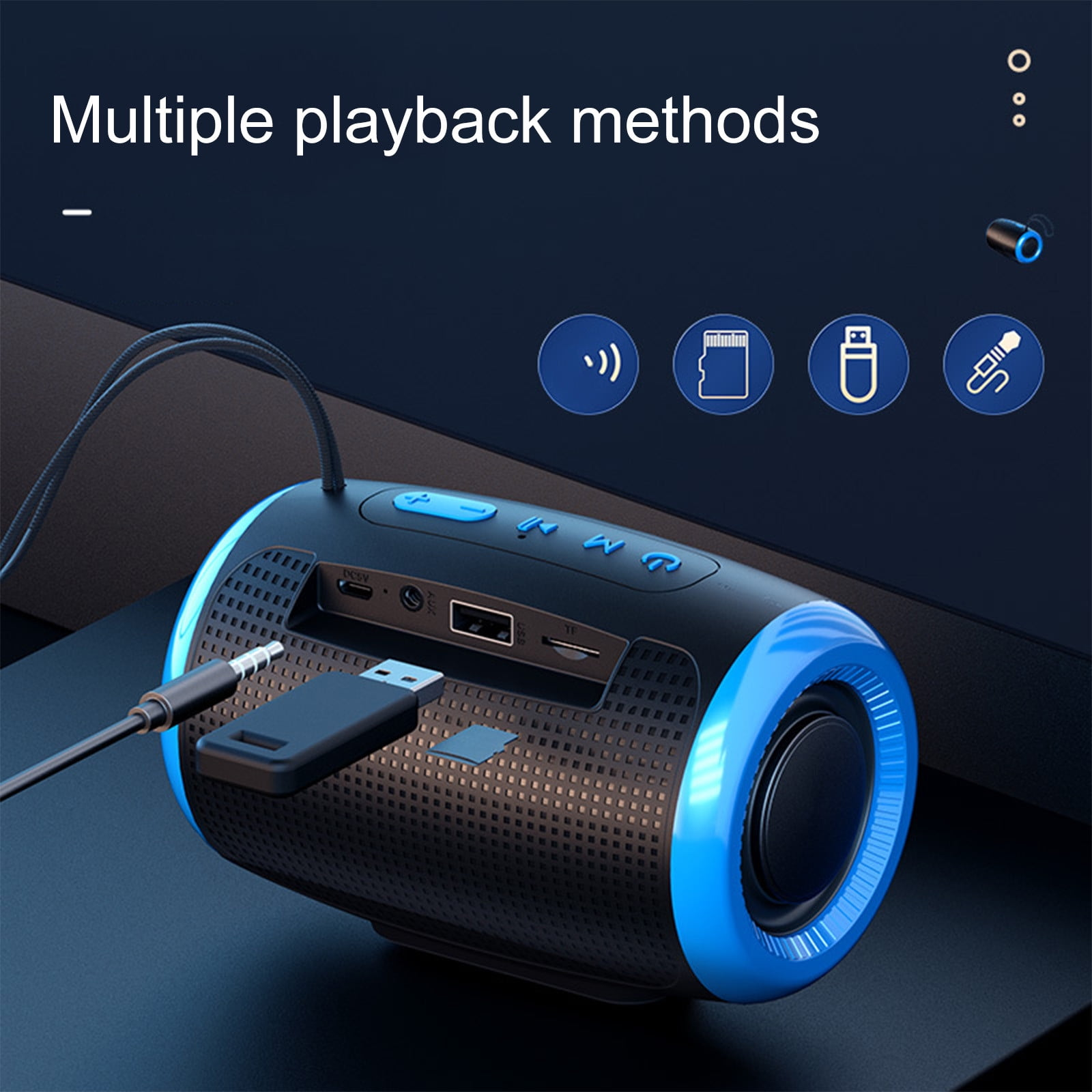 Schwarzer Lautsprecher mit blauen Akzenten, Kabel und USB-Adapter angeschlossen.