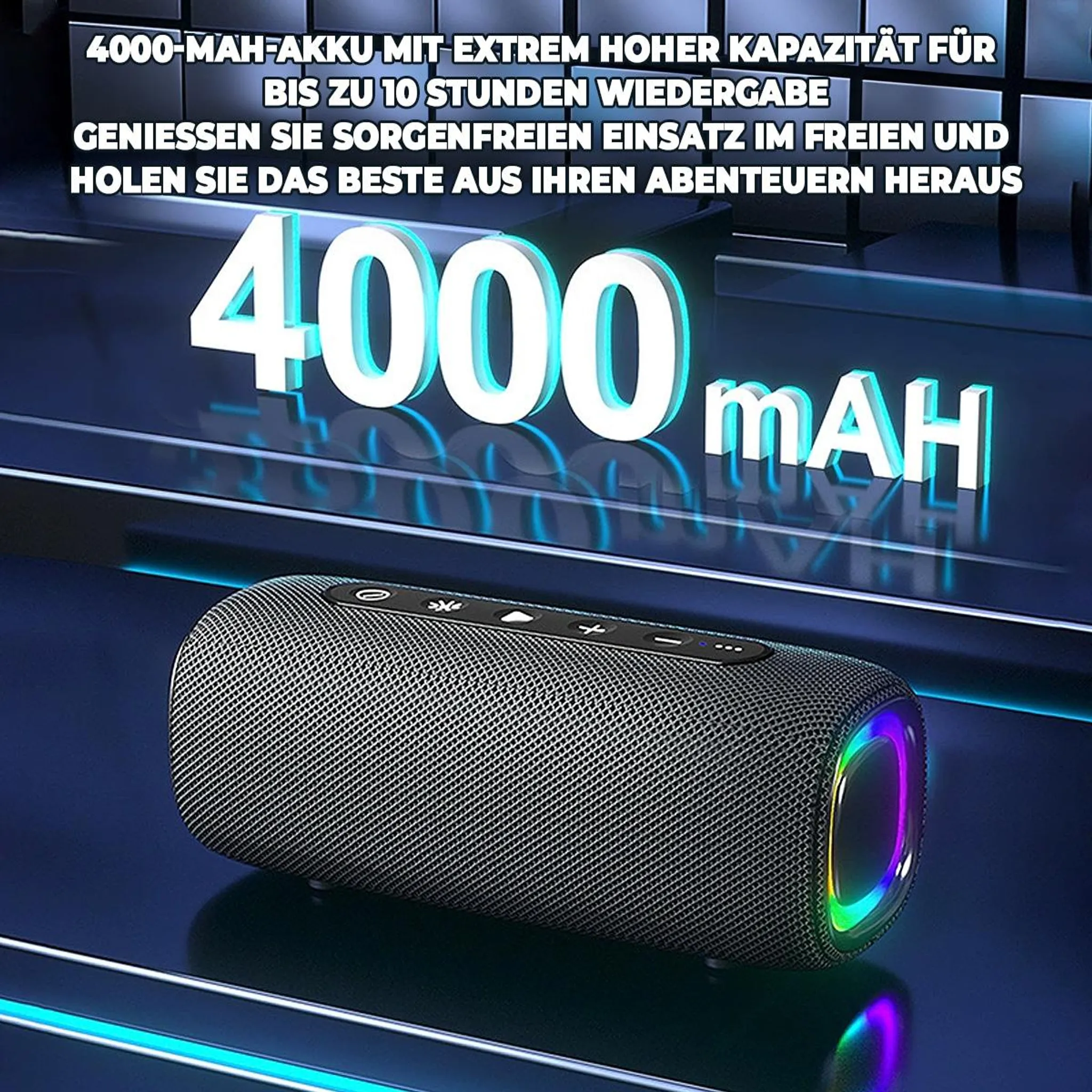 Ein schwarzer Bluetooth-Lautsprecher mit bunten Lichtern und „4000 mAh“.