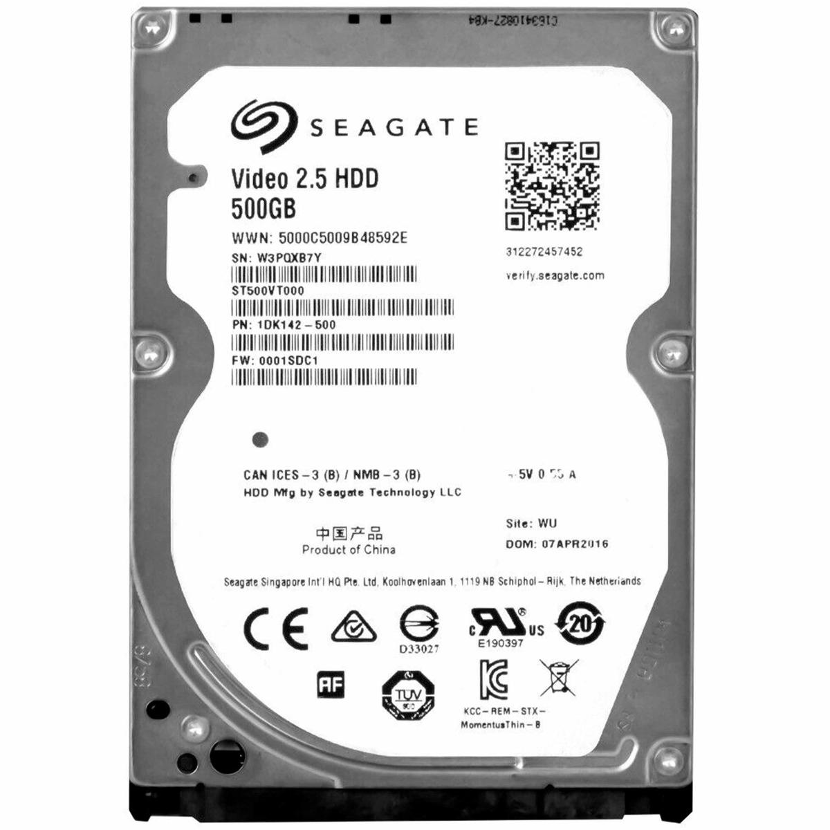 HDD Seagate da 2,5 pollici da 500 GB modello ST500VT000 e numero seriale W3PQXB7Y.