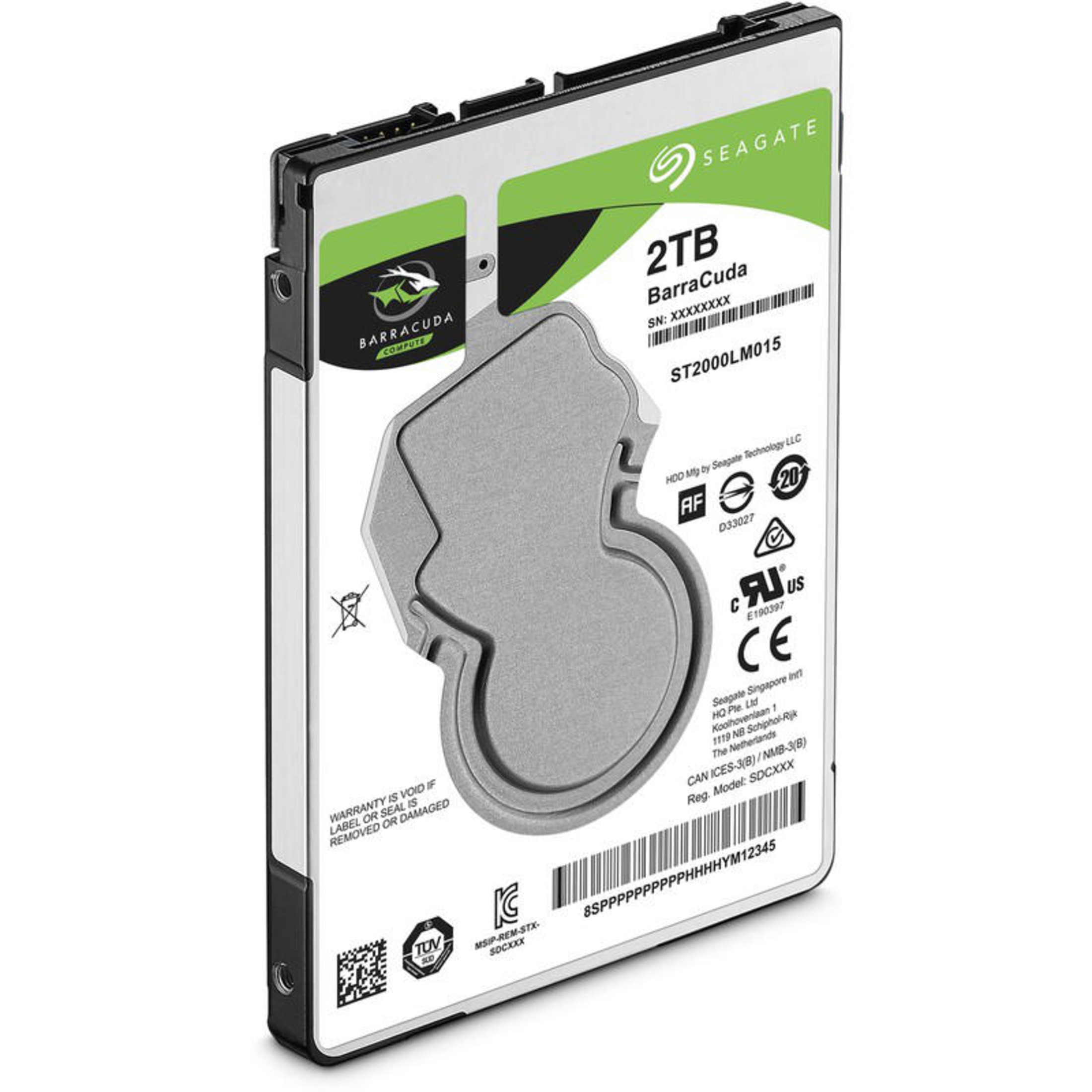 Seagate 2TB Barracuda Festplatte mit Label und Anschlüssen.
