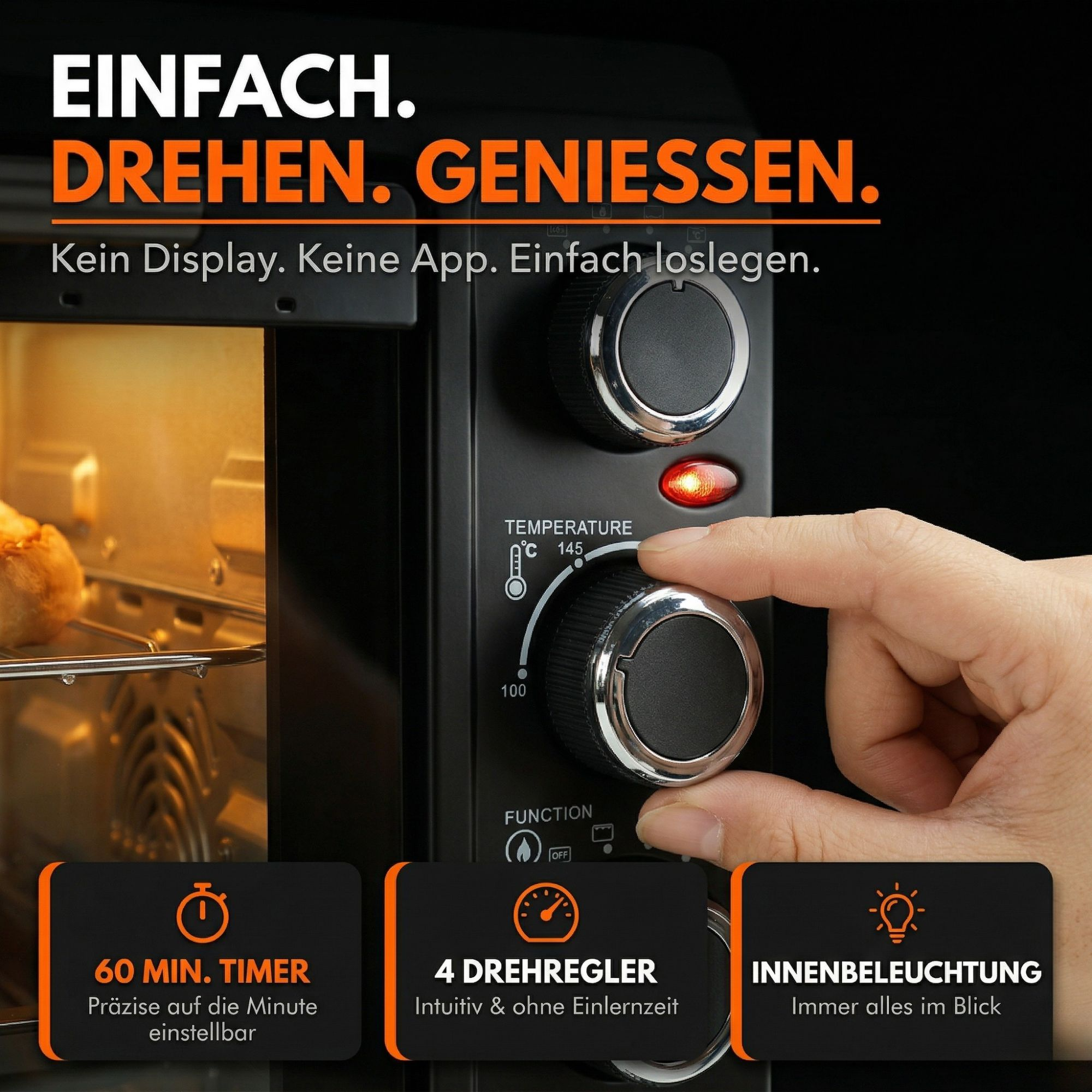 Ein Ofen mit Drehreglern für Temperatur und Timer. Innenbeleuchtung und ein Brötchen im Ofen.