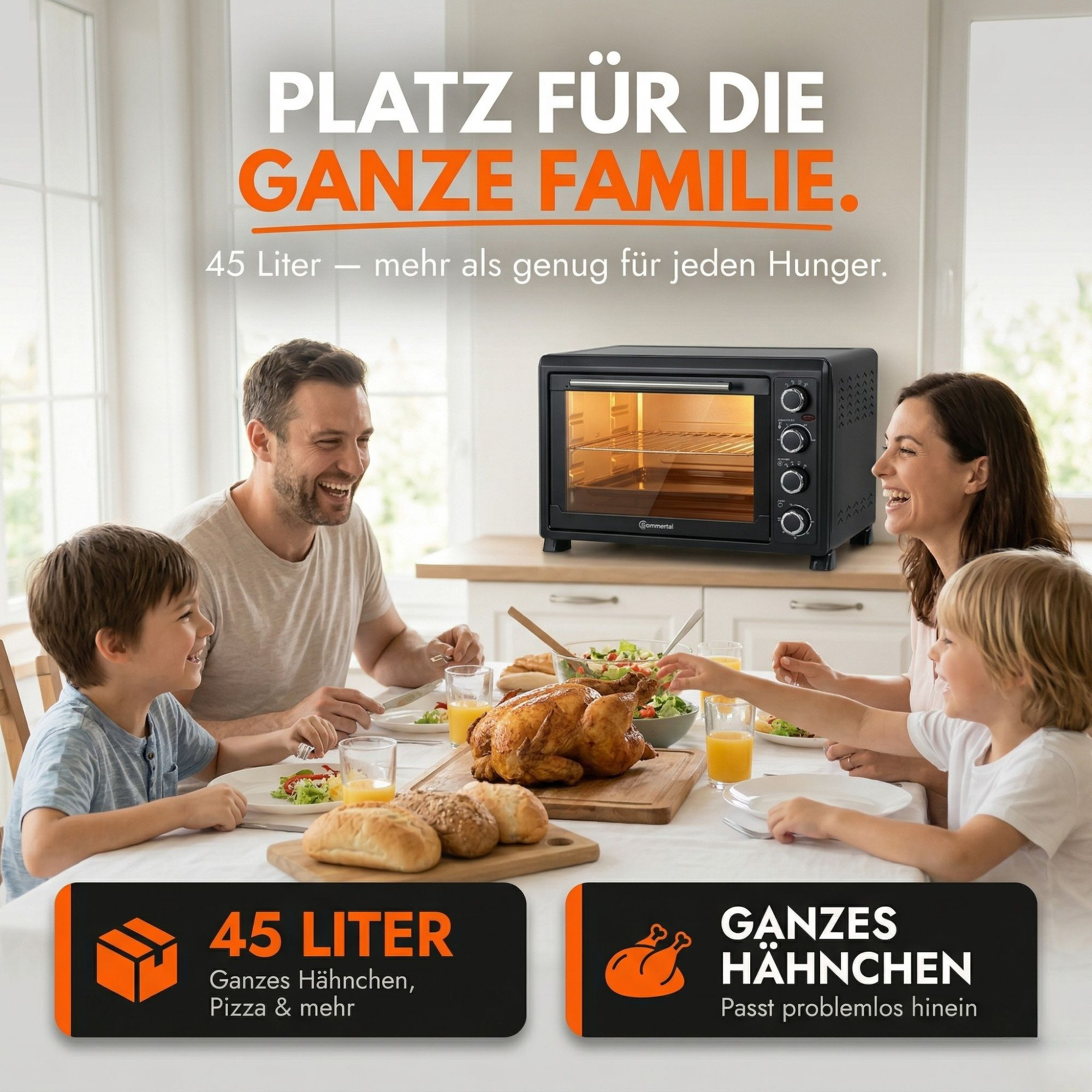 Familie isst am Tisch, neben ihnen steht ein Ofen. Ganze Hähnchen werden serviert.