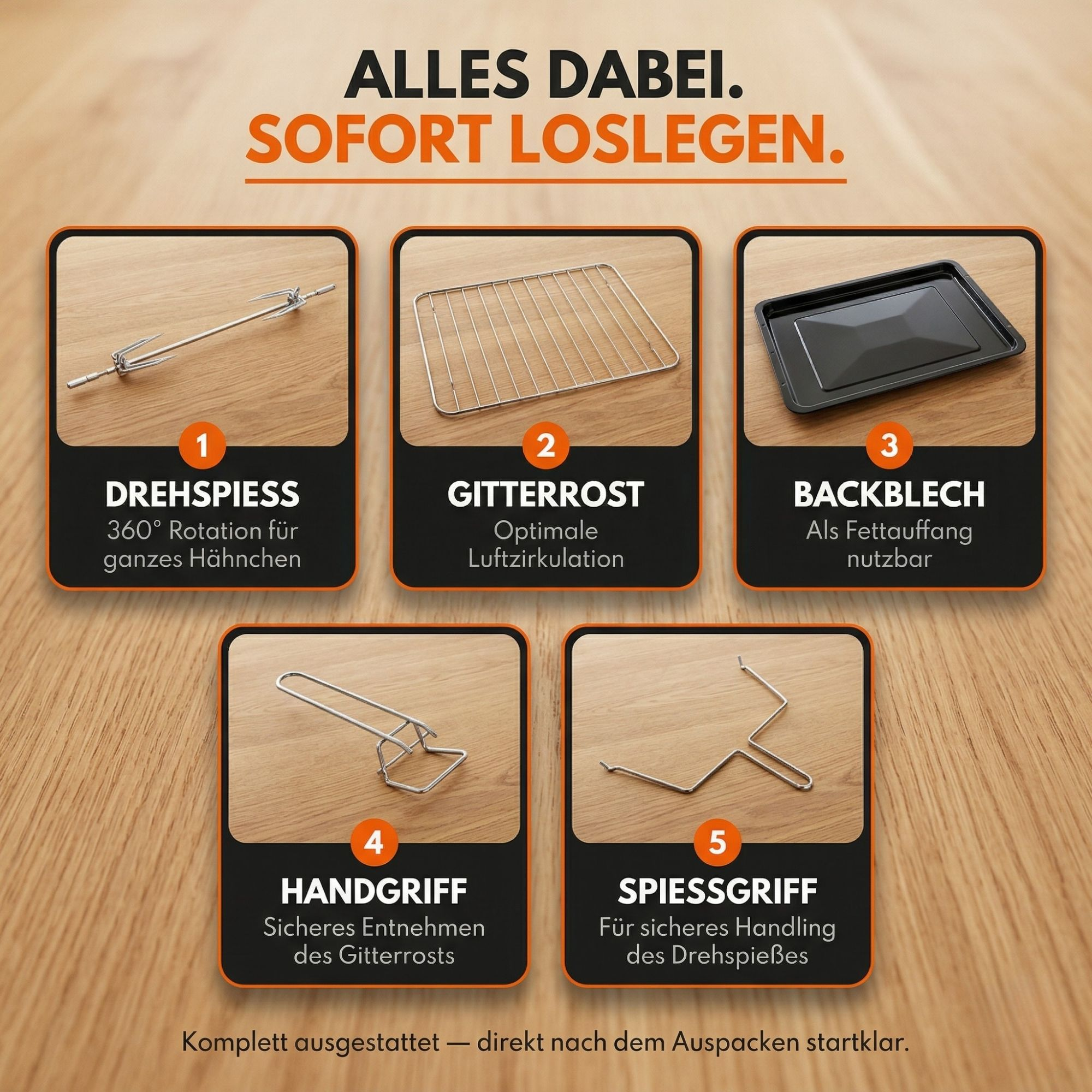 Fünf Küchenutensilien: Drehspieß, Gitterrost, Backblech, Handgriff, Spießgriff.