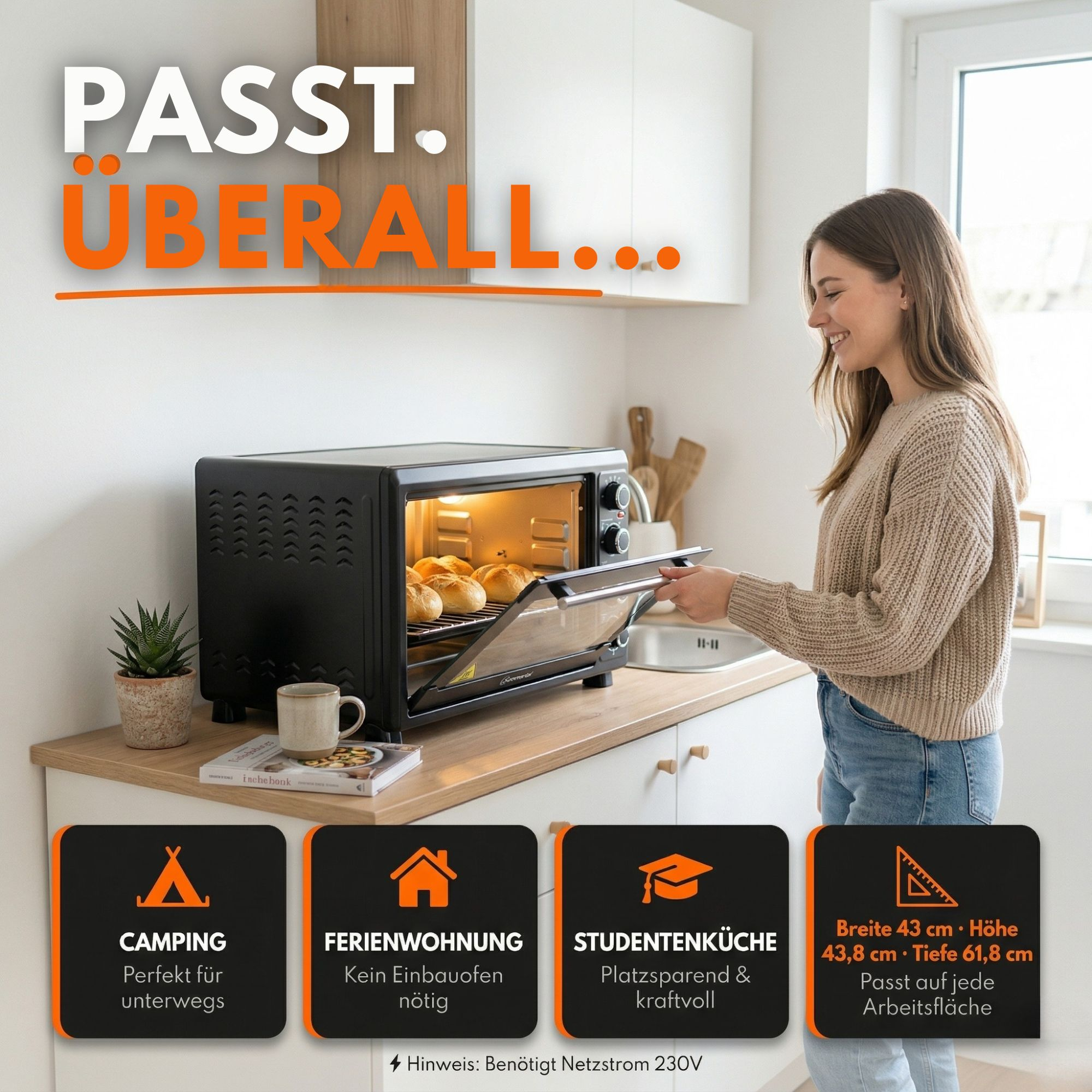 Eine Frau öffnet einen schwarzen Ofen mit Brötchen darin. Unten sind Icons für Camping, Ferienwohnung, Studentenküche.