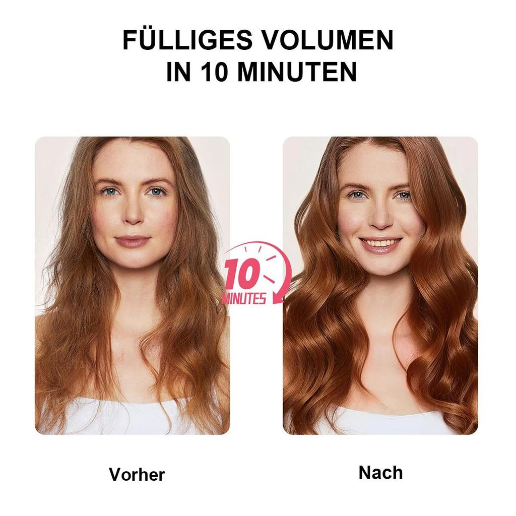 Vorher-Nachher-Bild einer Frau mit glattem und dann voluminösem rotem Haar.