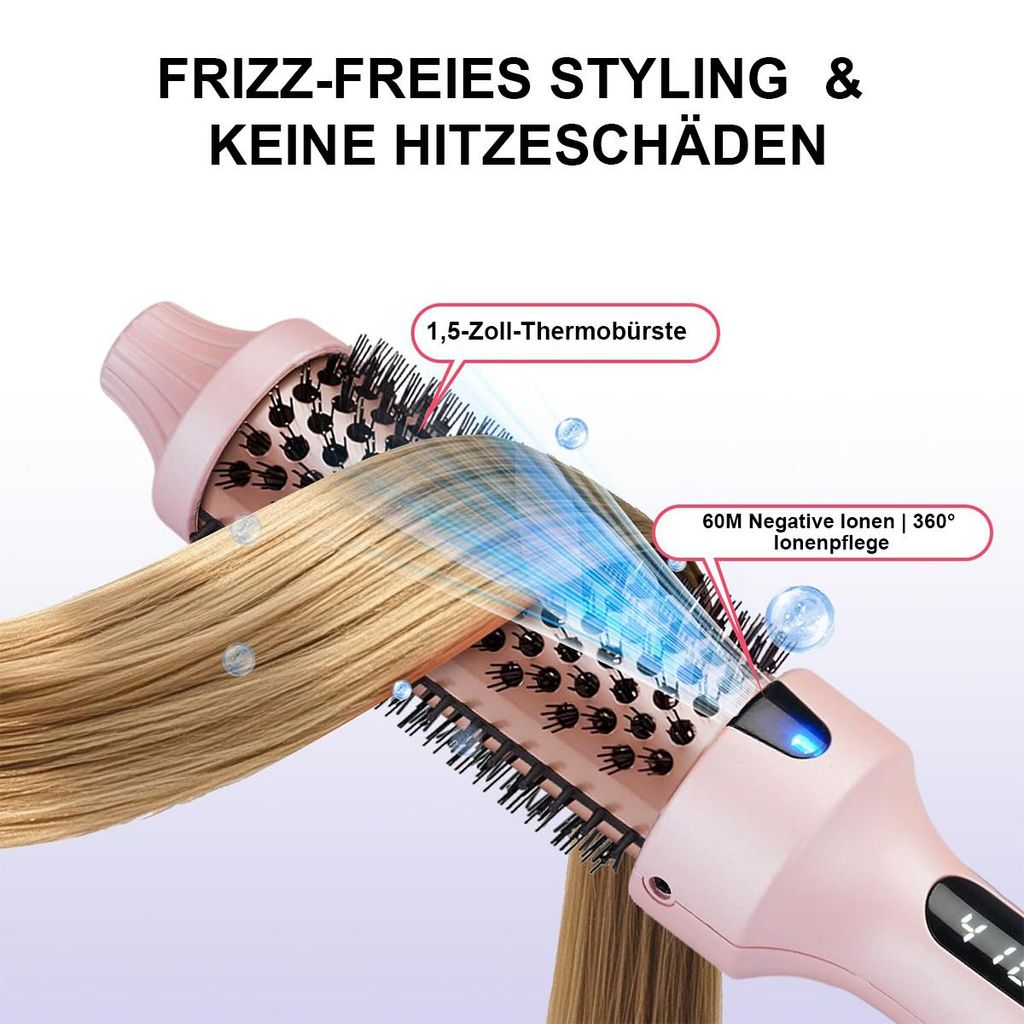 Rosafarbene Haarbürste mit Borsten und Luftstrom, die blonde Haare stylt.