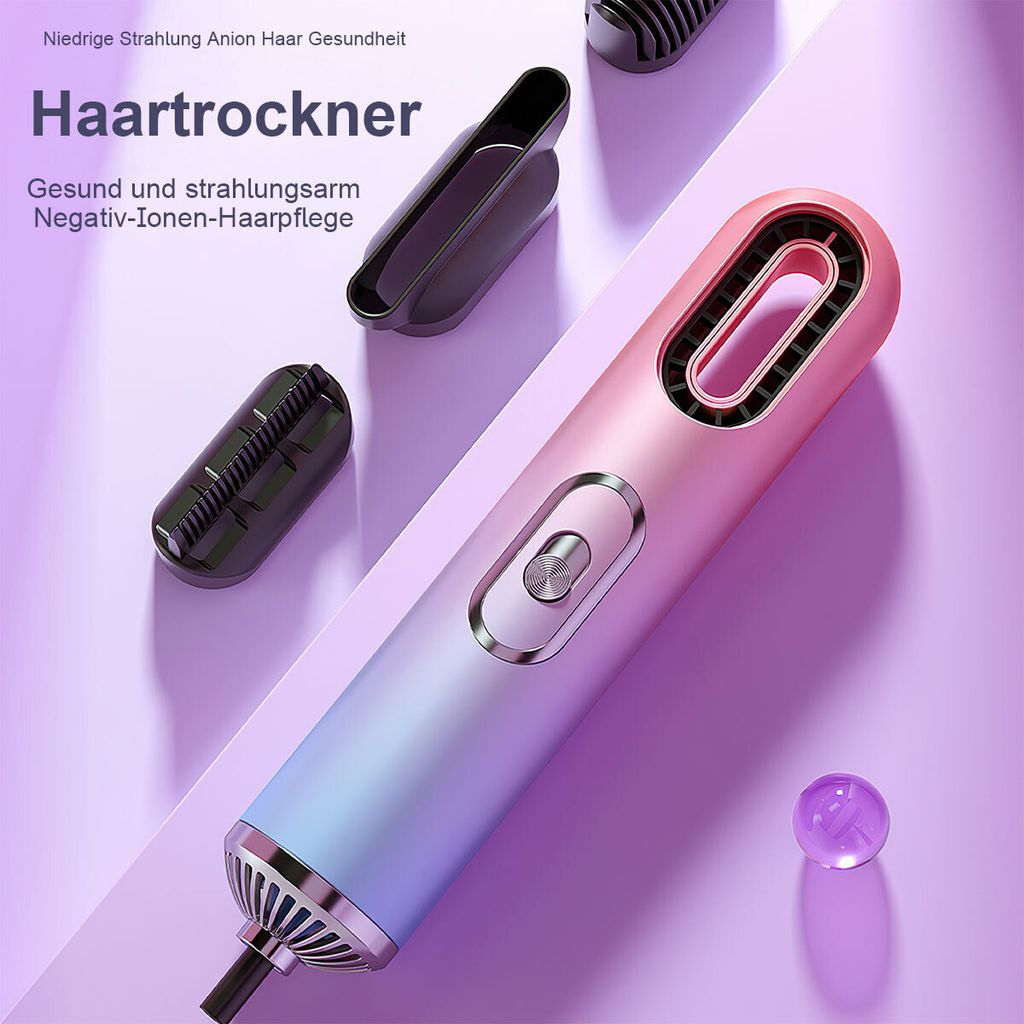 Ein pink-blauer Haartrockner mit Aufsätzen und Text auf violettem Hintergrund.