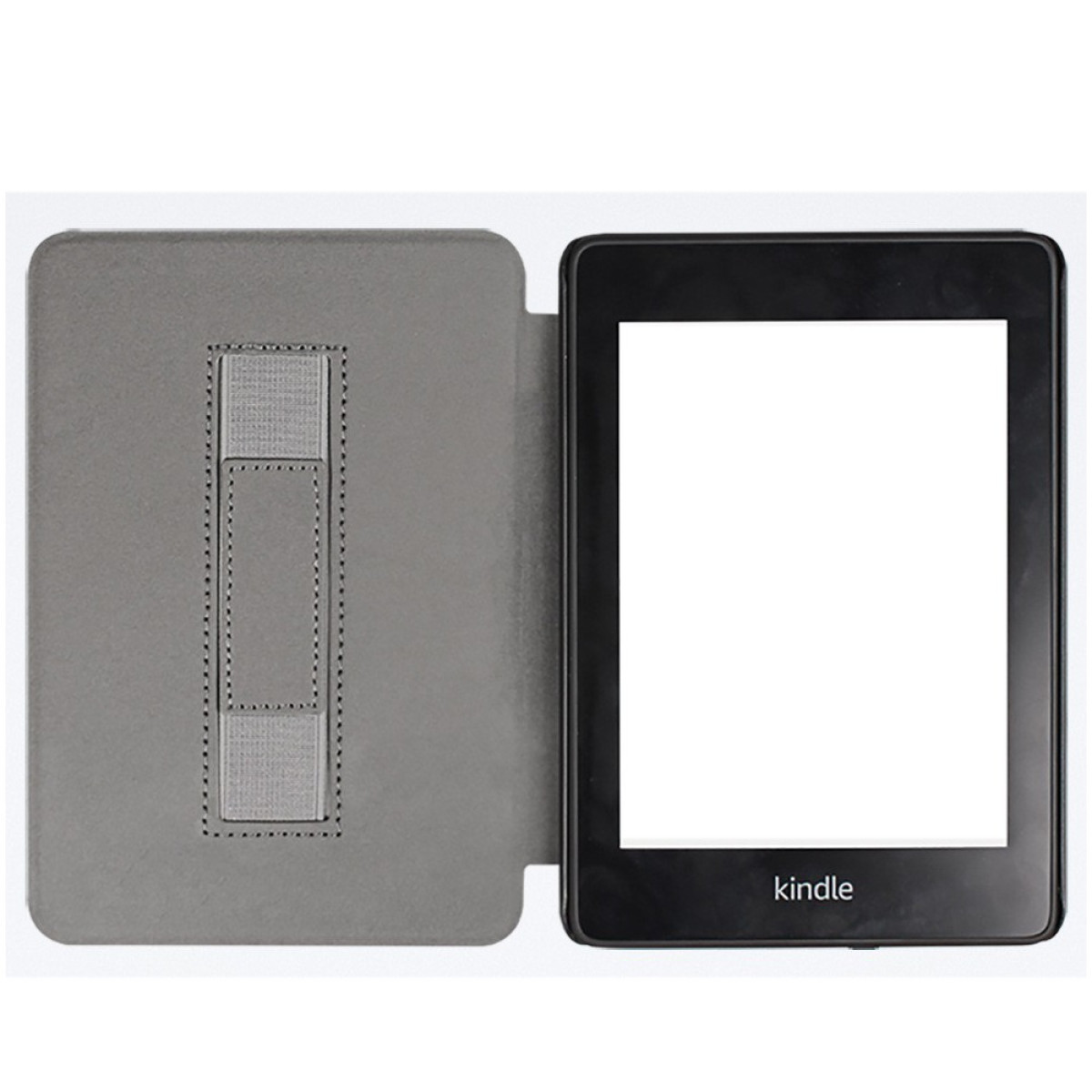 Czarny czytnik Kindle w szarej okładce, otwarty, pokazujący pusty biały ekran.