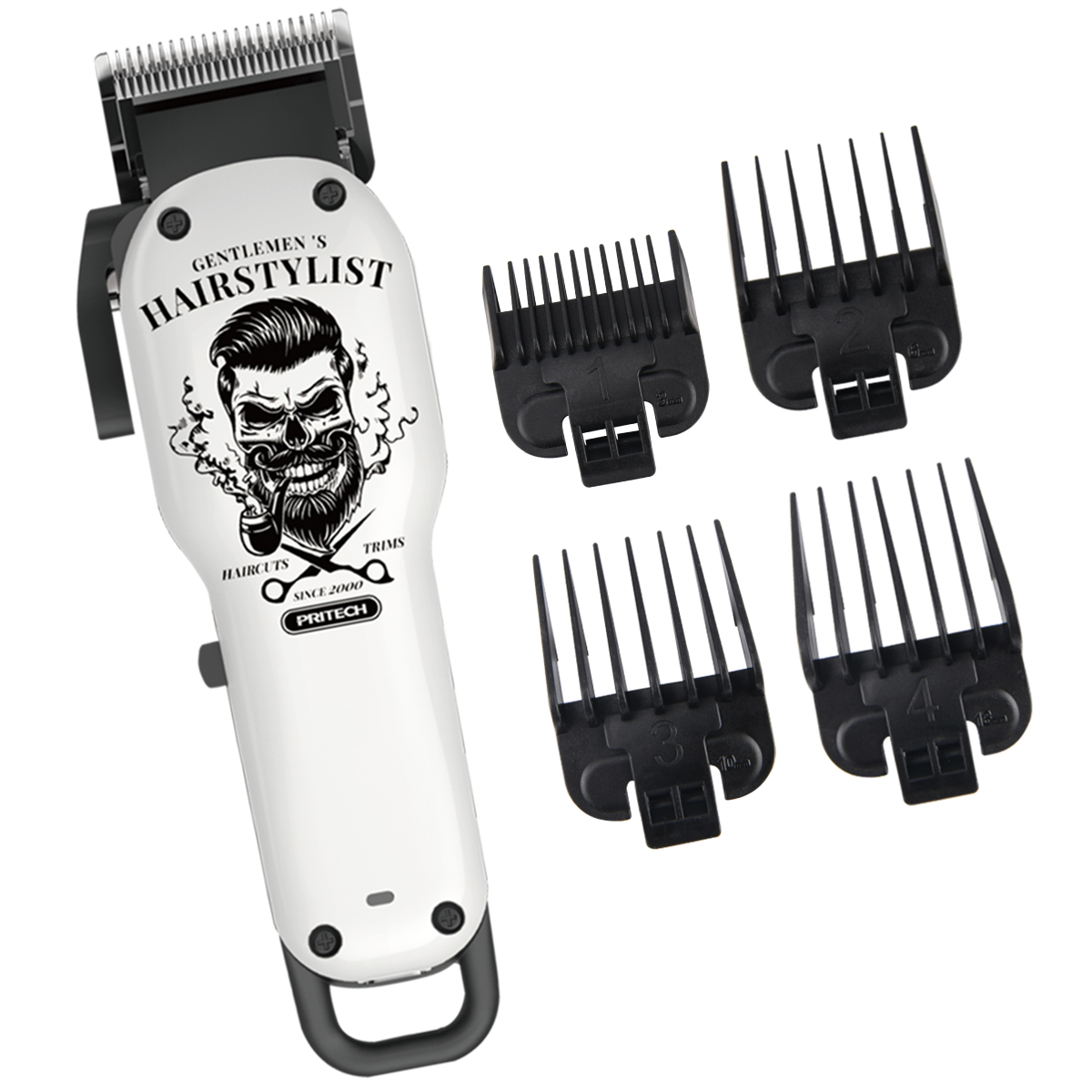 Ein weißer Haarschneider mit Totenkopf-Design und vier Aufsätzen.