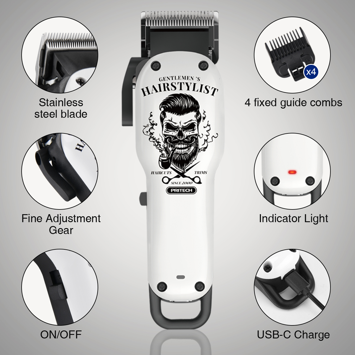 Weiße Haarschneidemaschine mit Totenkopf-Design. Zeigt Klinge, Zahnräder, Licht und USB-C an.