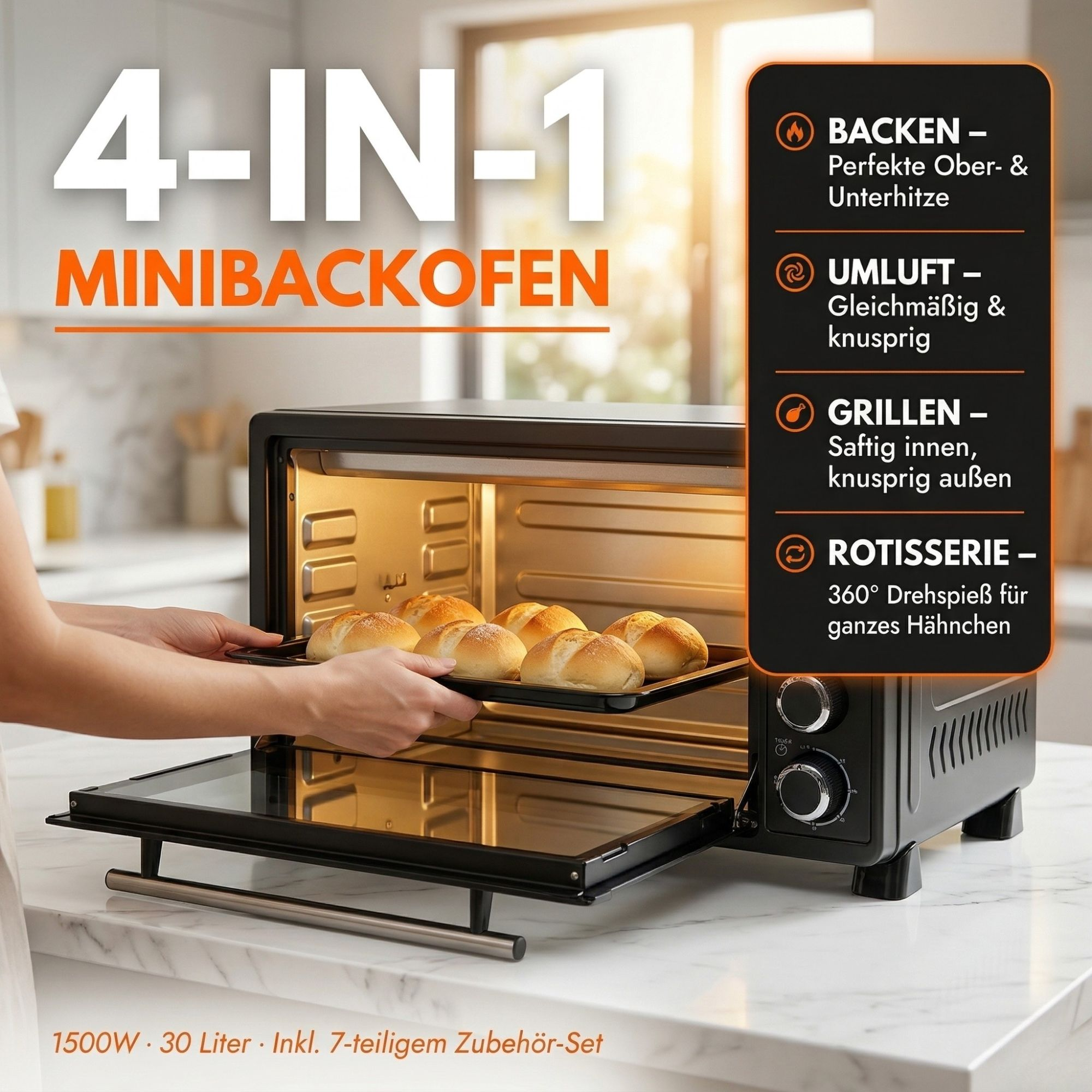 Ein 4-in-1 Minibackofen mit einem Einschub für Brötchen.