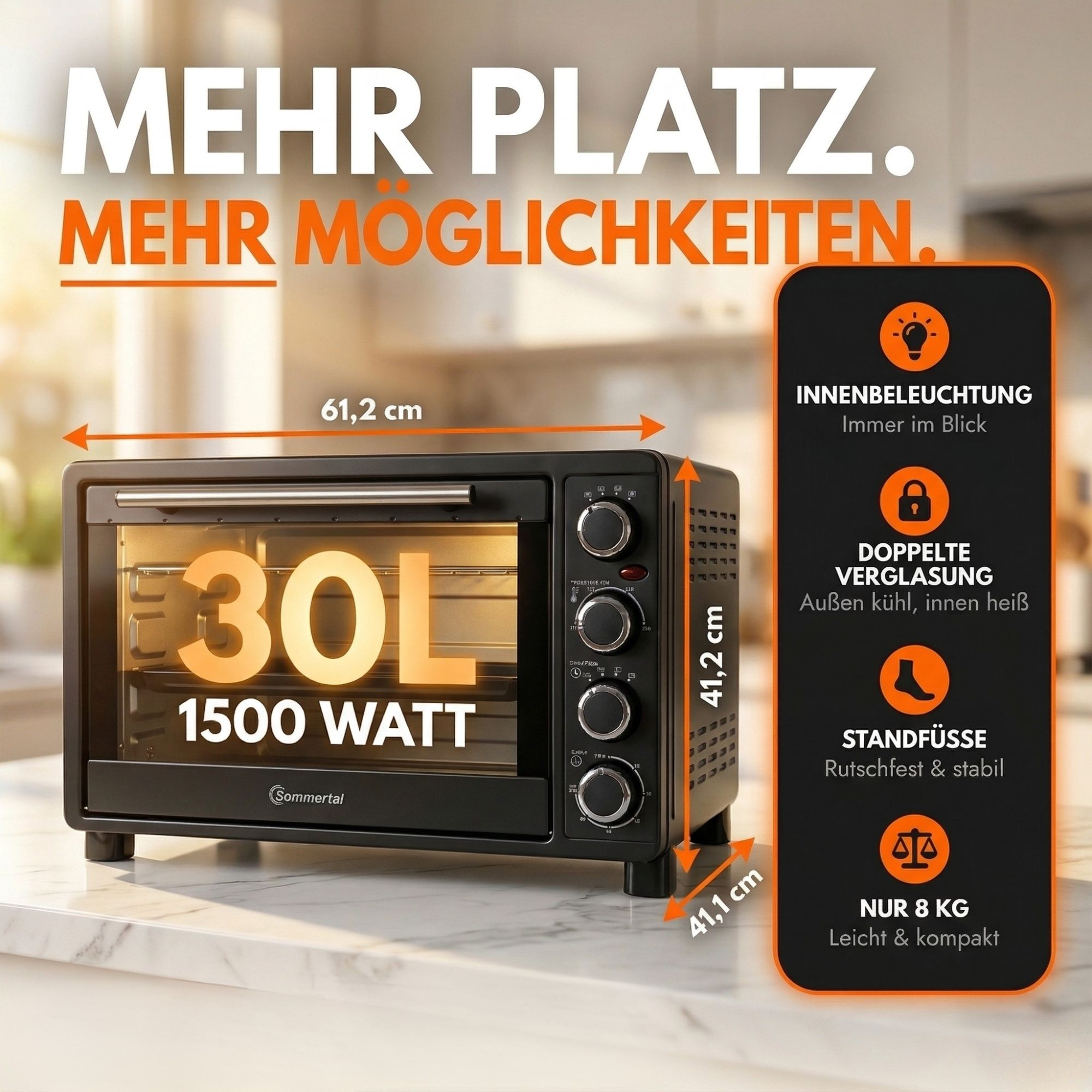Schwarzer Kompaktbackofen mit 30L, 1500W, Maßen 61,2x41,2x41,1cm.