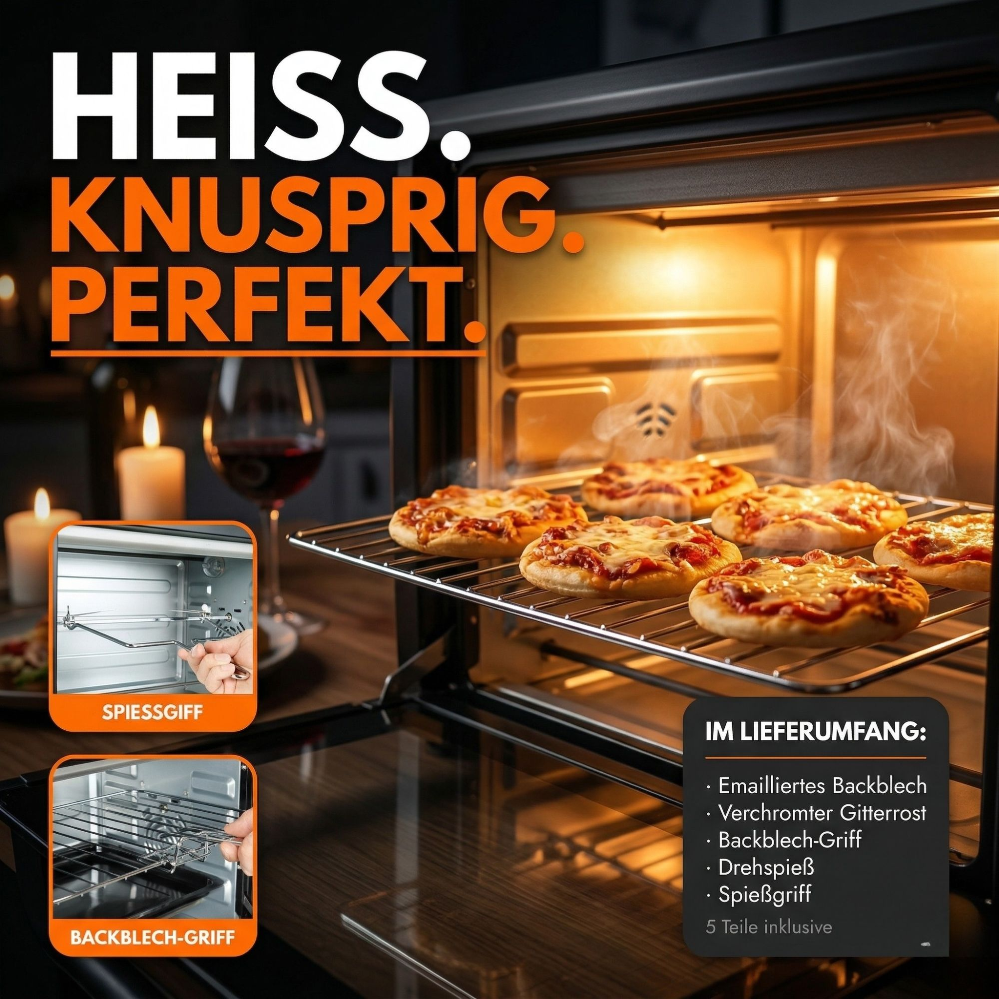Mini-Pizzen garen in einem Ofen. Enthält Zubehörliste.