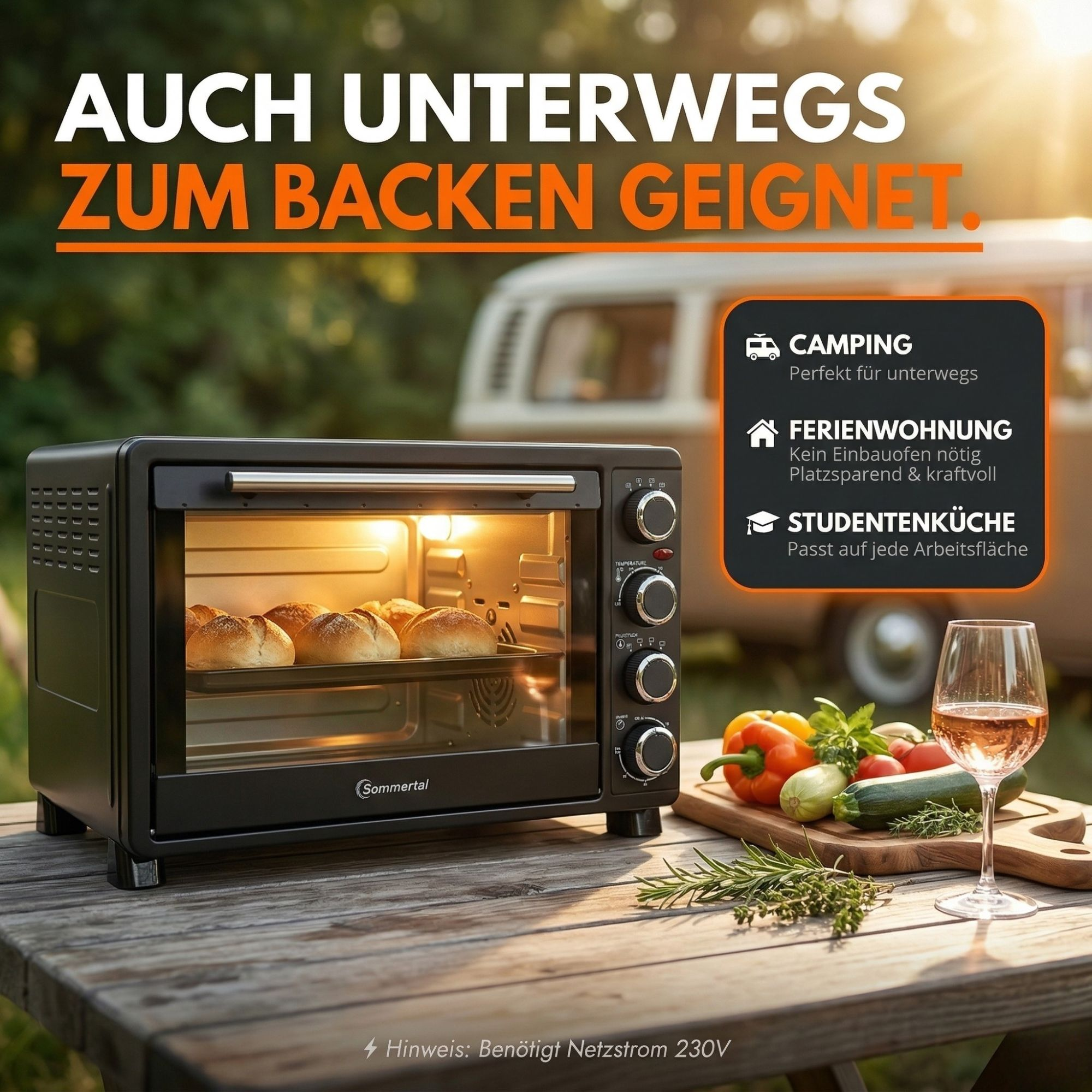 Ein kompakter Backofen auf einem Holztisch mit Brot darin und Gemüse daneben.