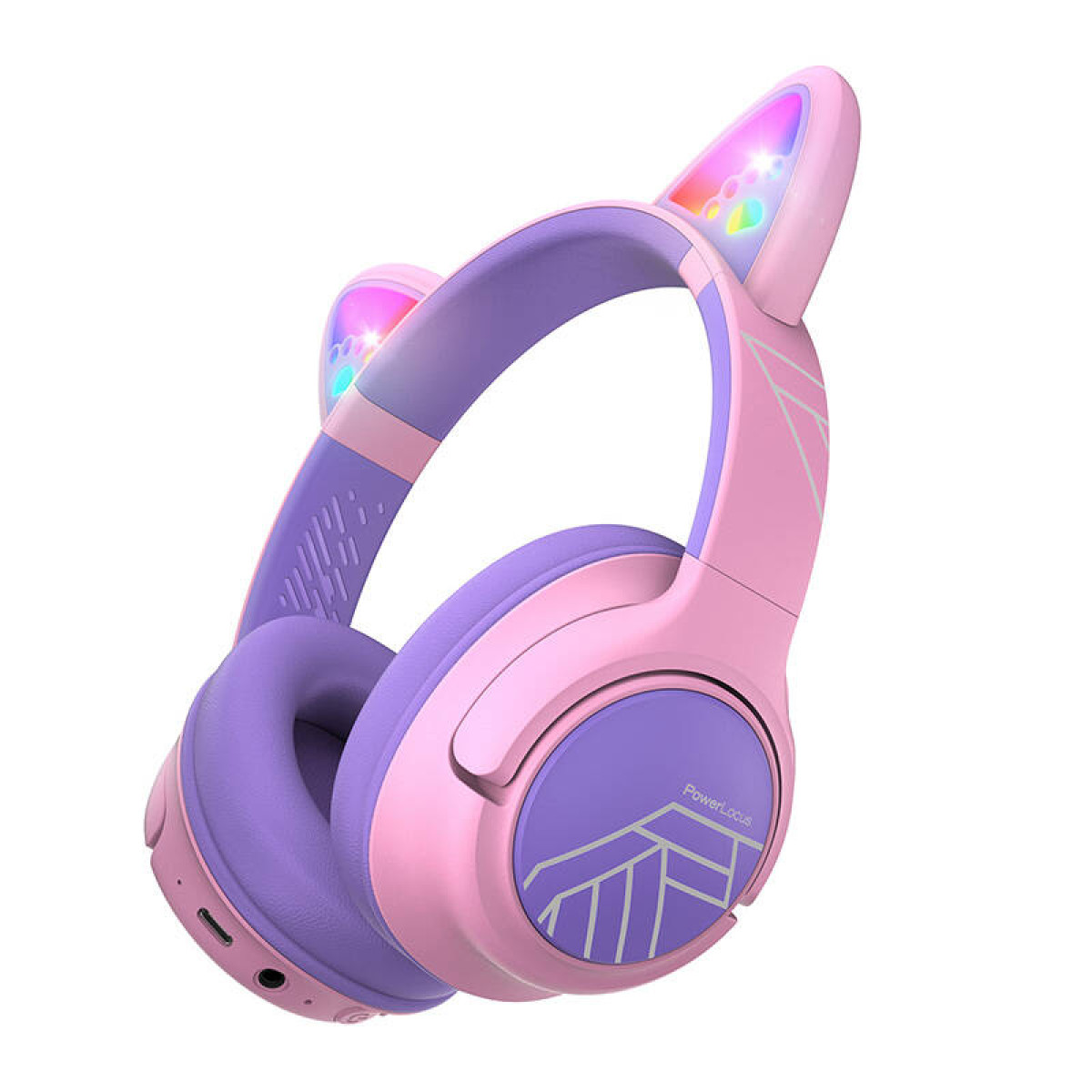 Casque rose et violet oreilles de chat avec lumières colorées.