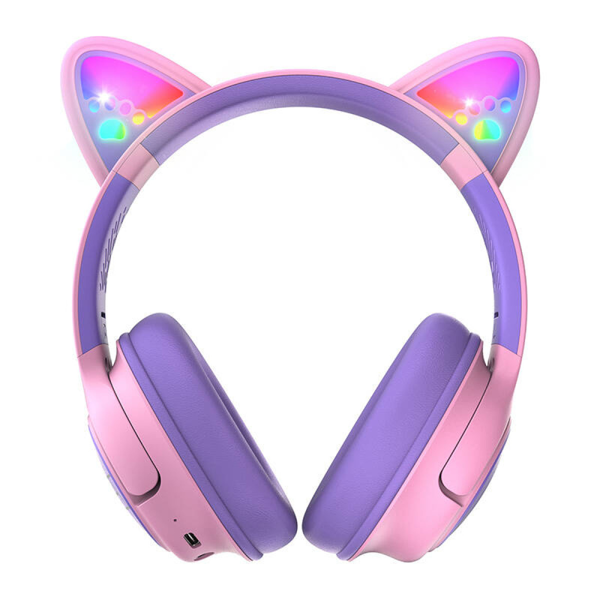 Casque rose avec oreilles de chat et lumières colorées.