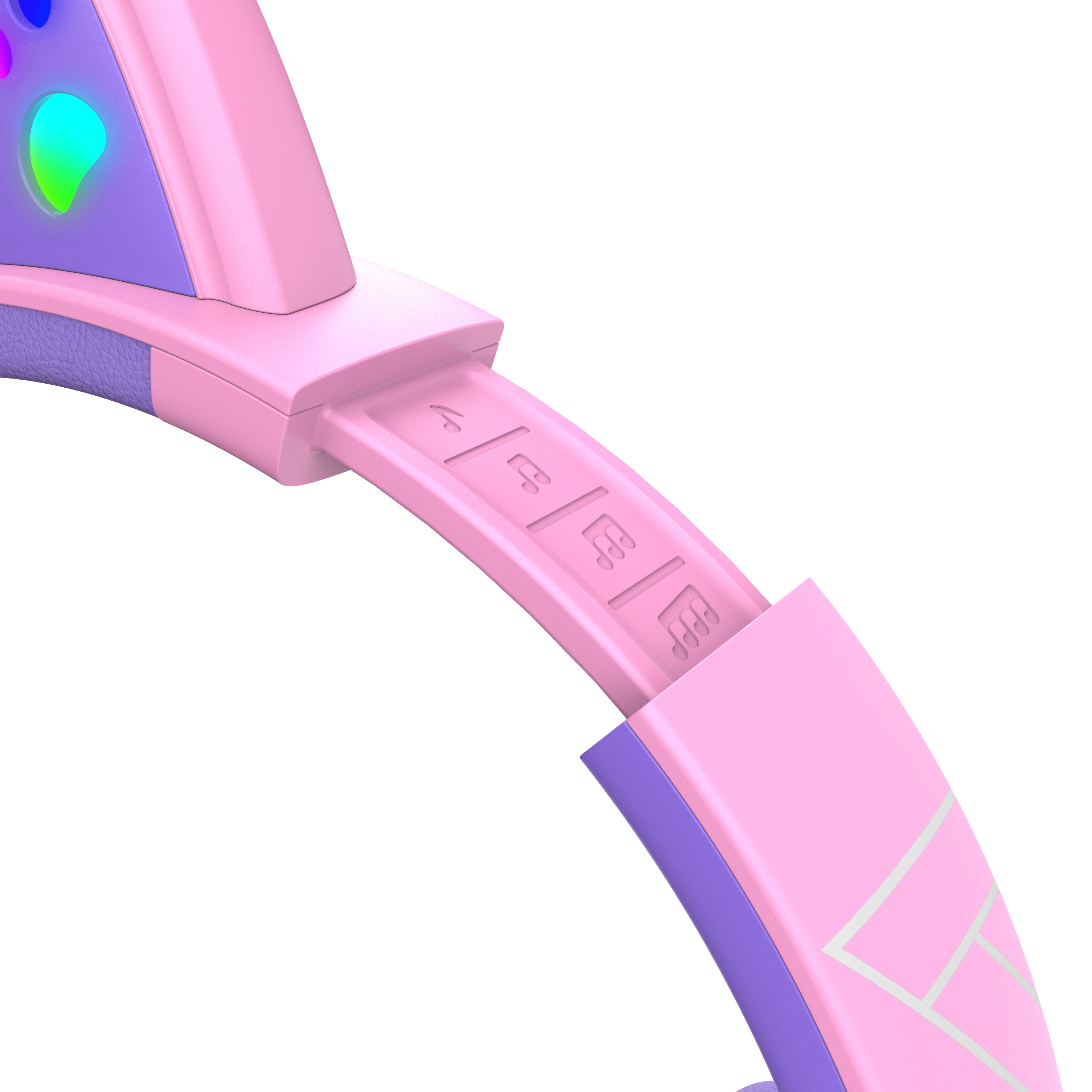 Gros plan d'un casque rose et violet avec des accents lumineux et des notes de musique.