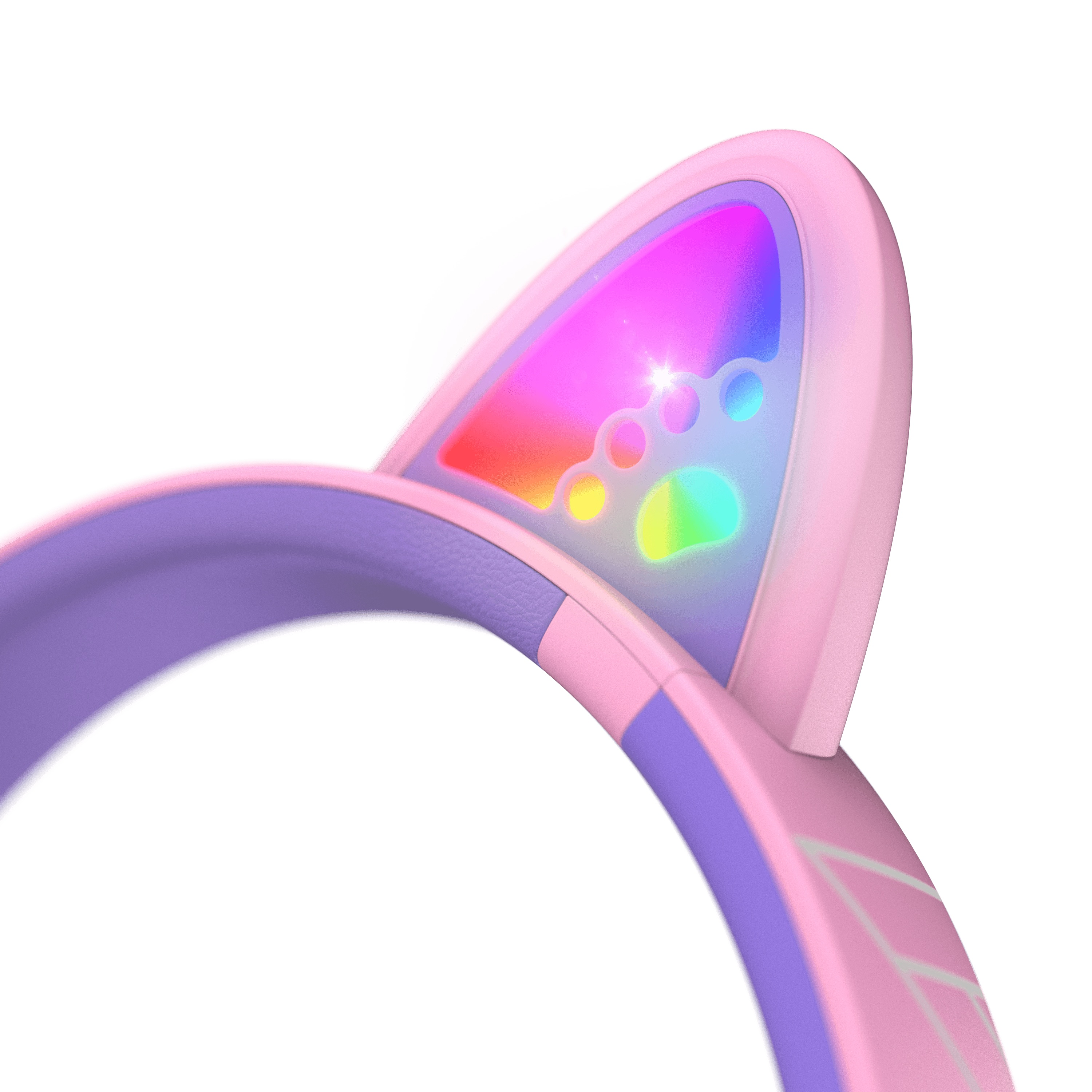 Gros plan d'un casque oreilles de chat rose et violet avec lumière arc-en-ciel.