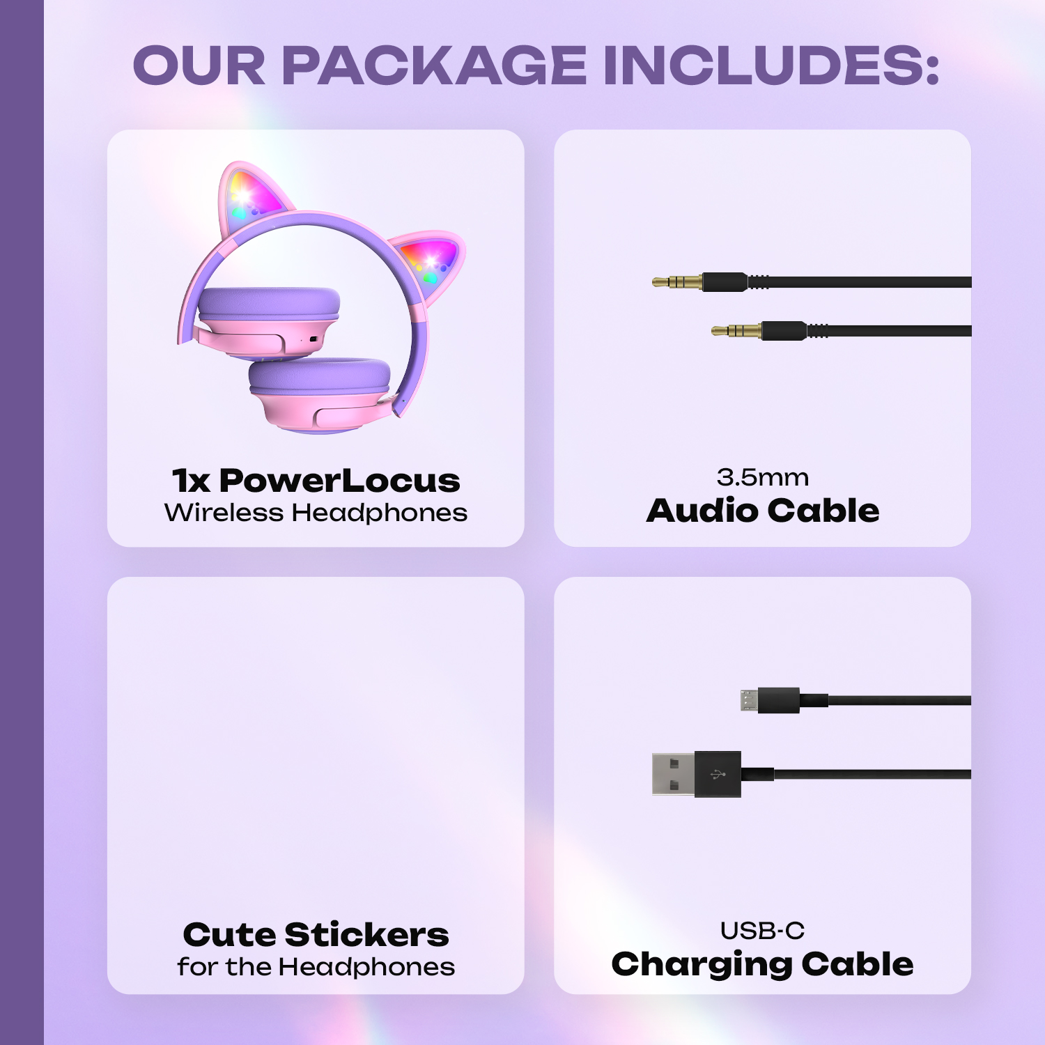 Le forfait comprend: casque à oreilles de chat, câble audio 3,5 mm, câble USB-C, autocollants.