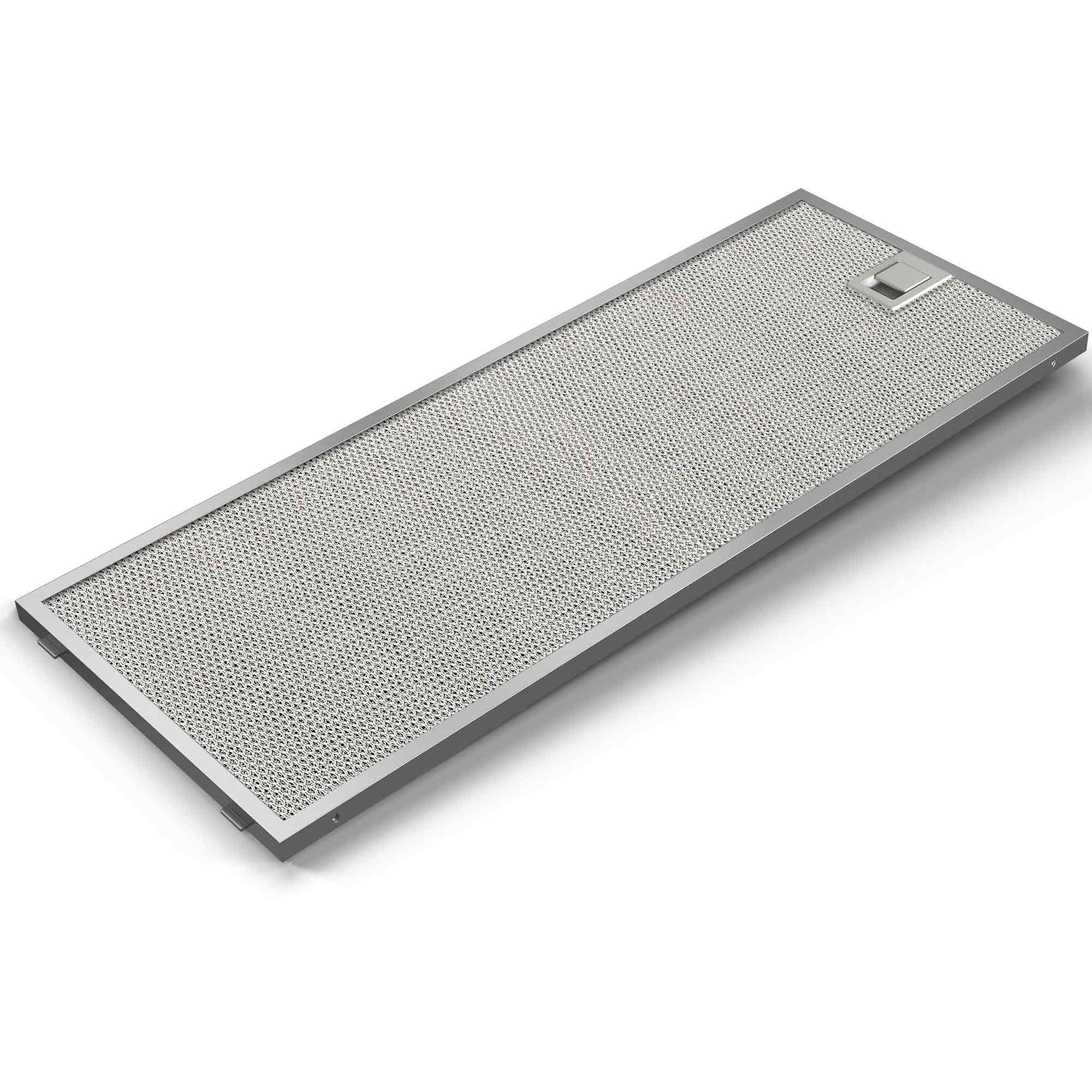 Ein rechteckiger Dunstabzugshaubenfilter aus Metall mit einer feinen Gitterstruktur.
