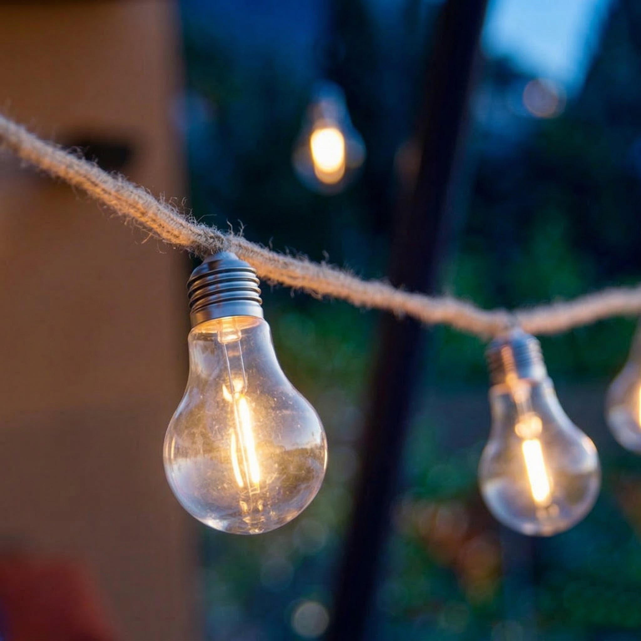 Eine Lichterkette mit klaren Edison-Glühbirnen leuchtet an einem Seil vor einem unscharfen, dunklen Hintergrund.