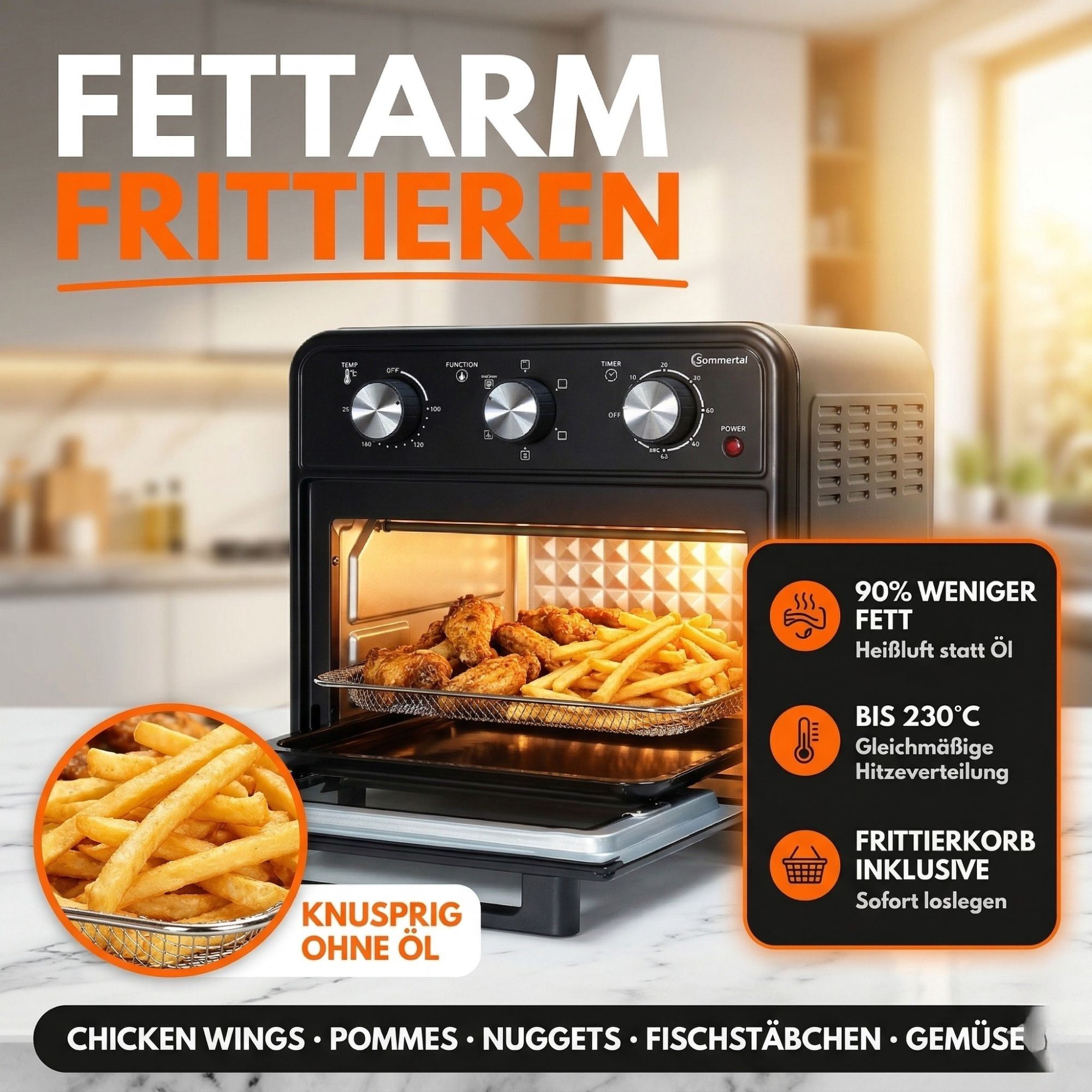 Ein Heißluftfritteusen-Ofen mit Hähnchenflügeln und Pommes Frites darin.